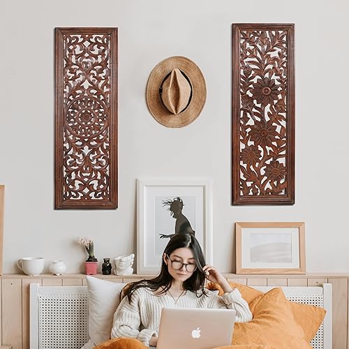 Vista 6 de Placas de madera para colgar en la pared, 36 x 12 pulgadas, juego de 2 paneles de decoración de pared de escultura elegante quemado para mejorar