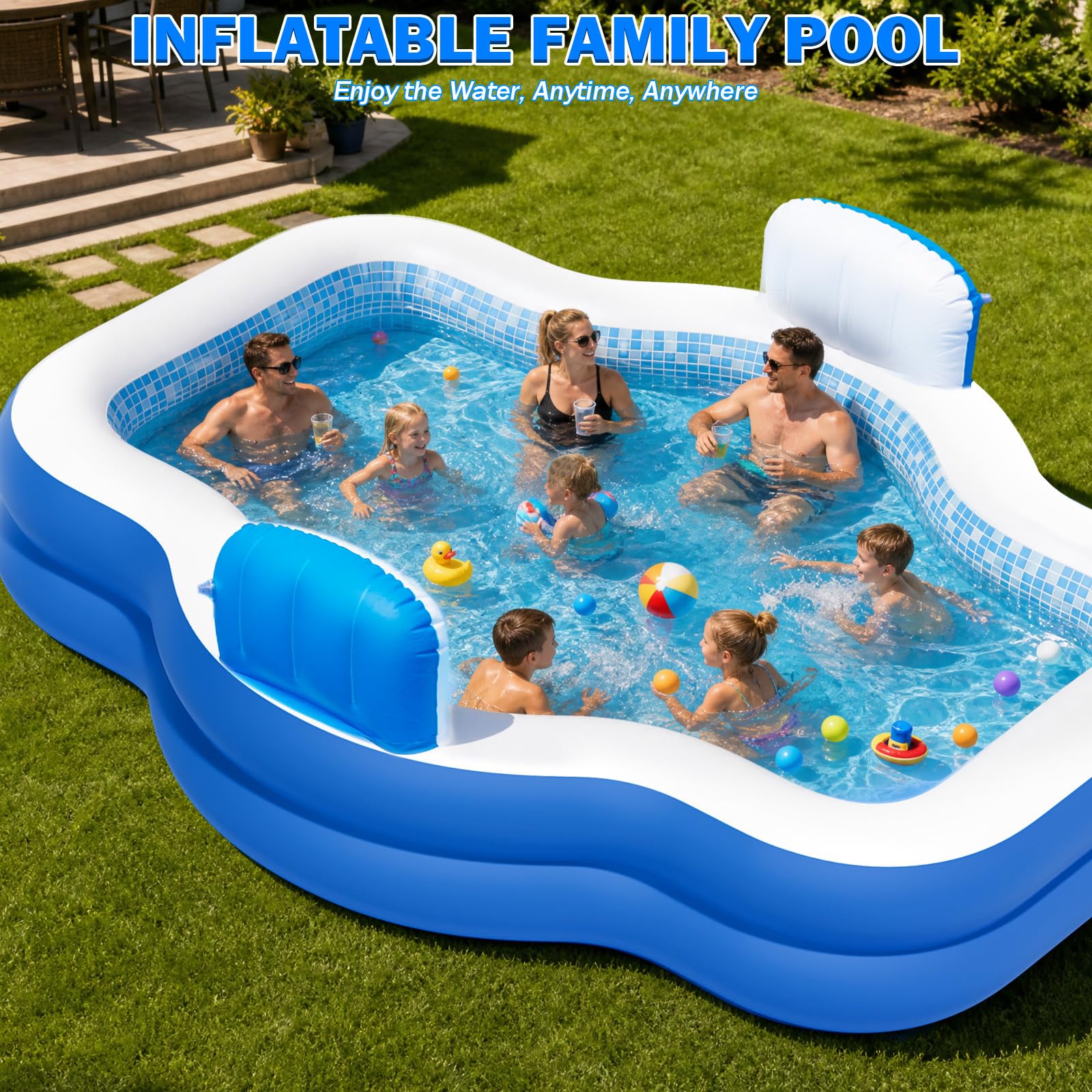 Extra großer aufblasbarer Pool mit Pumpe, 307,3 x 228,6 x 55,9 cm, großer aufblasbarer Pool mit Sitzen für Erwachsene, Familien-aufblasbarer Swimmingpool für Sommer, Wasserparty, Hinterhof