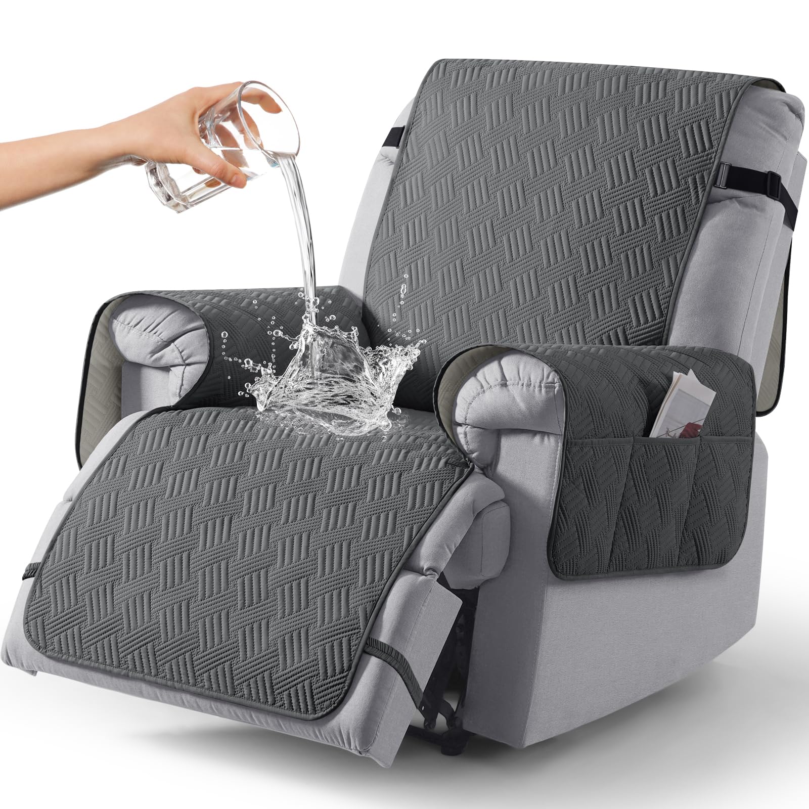 KinCam Funda Sillon Relax reclinable, Impermeable Funda para Sillón Relax con Bolsillo Laterales y Correas elásticas para Perros y Mascotas, Suave y Lavable Sofa 1 Plaza Gris carbón