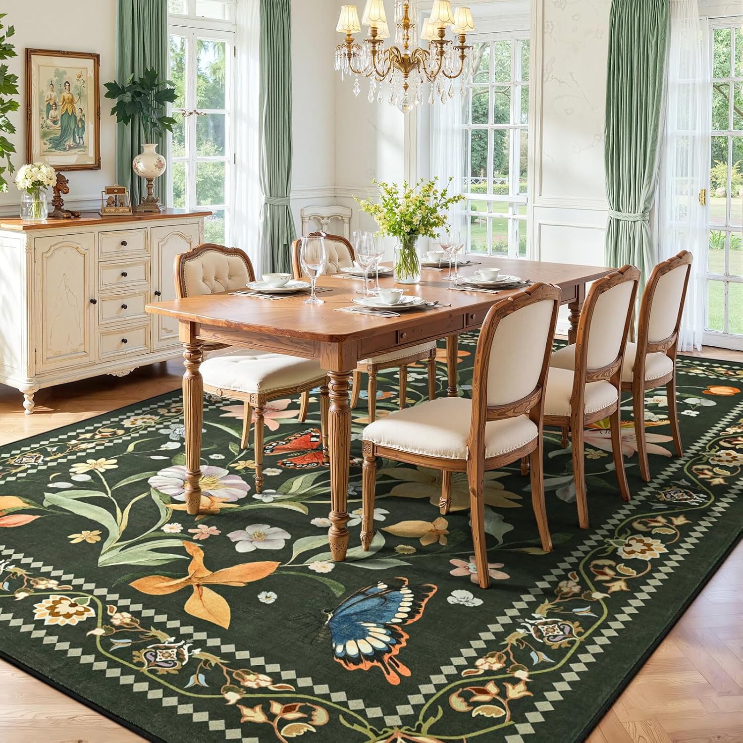 Living Room Rug 6x9, Washable Non-Slip Low Pile Rug - Ultra Soft Vintage Floral Area Rug for Bedroom Dining Room, with Rubber Backing, Stain & Fade Resistant