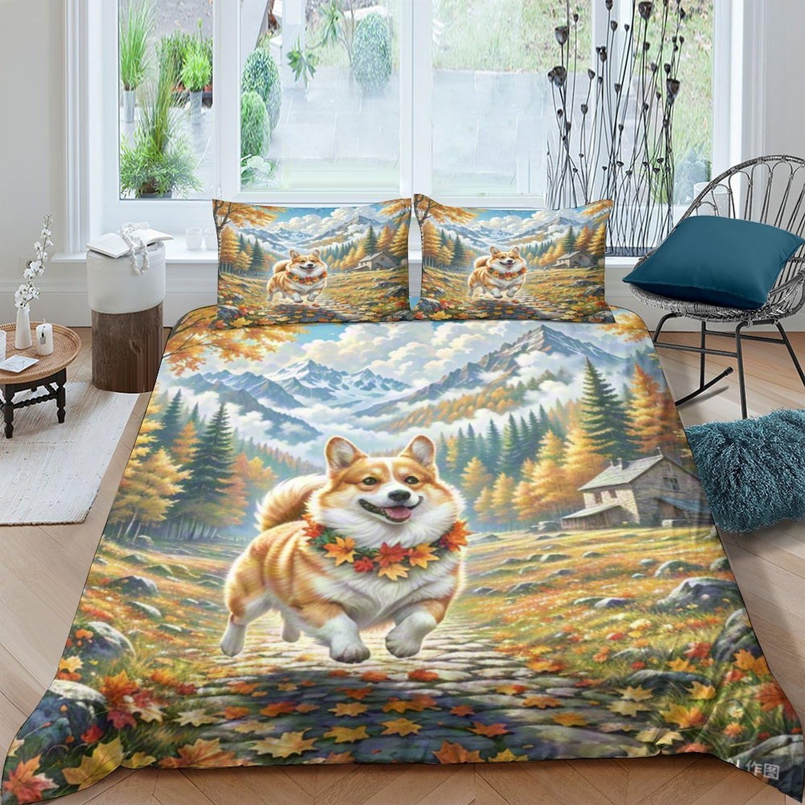 Housse de couette Corgi 3D 220x240 cm en microfibre douce pour lit king
