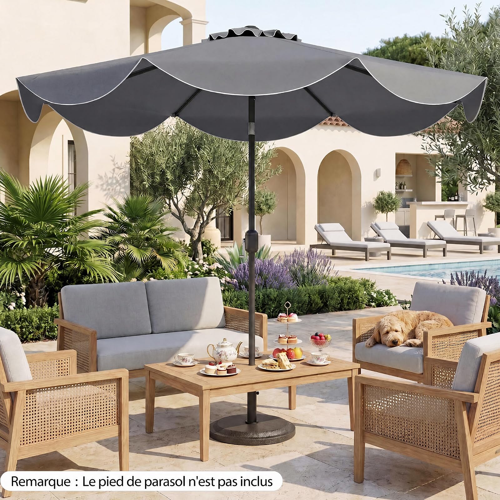 RELAX4LIFE 2,7M Parasol Inclinable à Volants pour Terrasse Balcon Piscine, Parasol de Jardin Extérieur à 8 Baleines, Protection UV, Polyester Résistant, Manivelle, Loquet de Sécurité, Attache (Gris)
