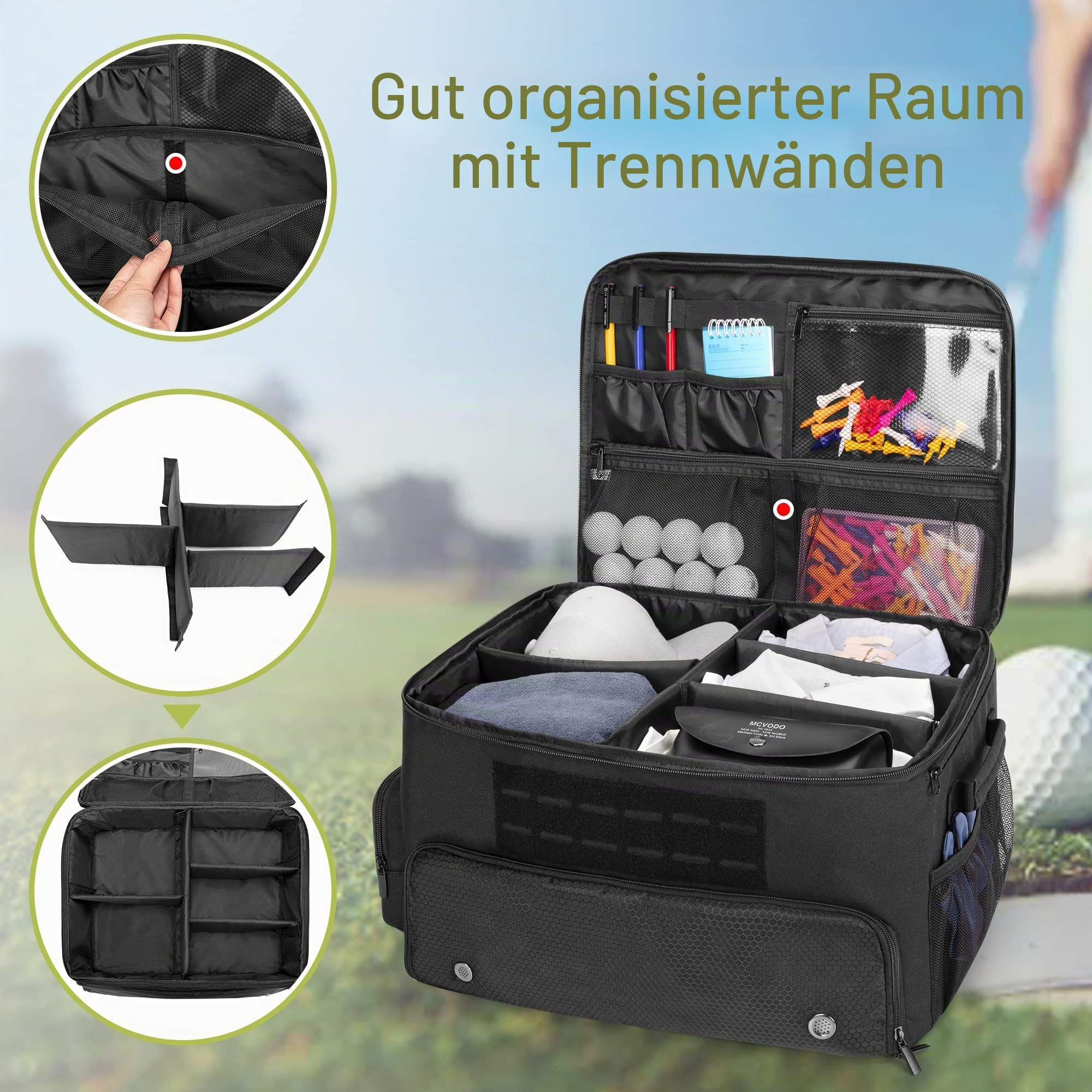 GOBUROS Golf Trunk Organizer Aufbewahrungstasche mit separatem Fach für 2 Paar Schuhe bis zu US 16 Golf Car Spind Organizer für Golfzubehör (Schwarz)