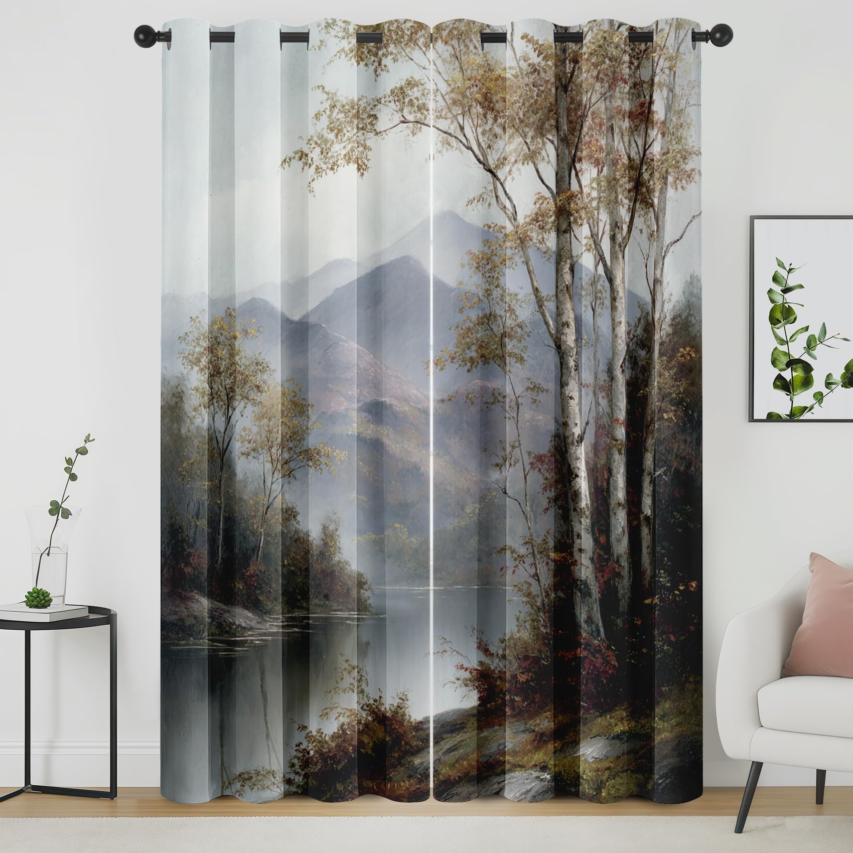 Rideaux thermiques à oeillets occultants et isolants motif forêt montagne lac 140x200 cm