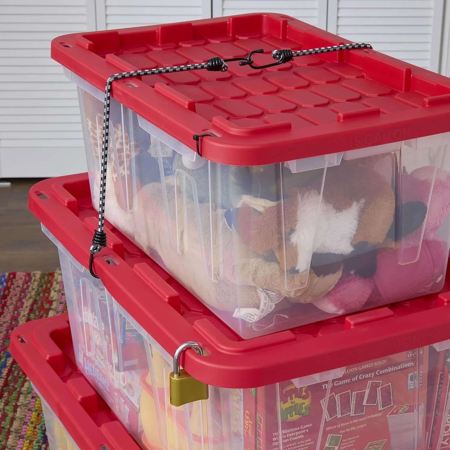 (2-Pack) 27-Gallon Heavy Duty Clear Plastic Storage Bins with Secure Red Lids, for Home, Garage and Closet Organization