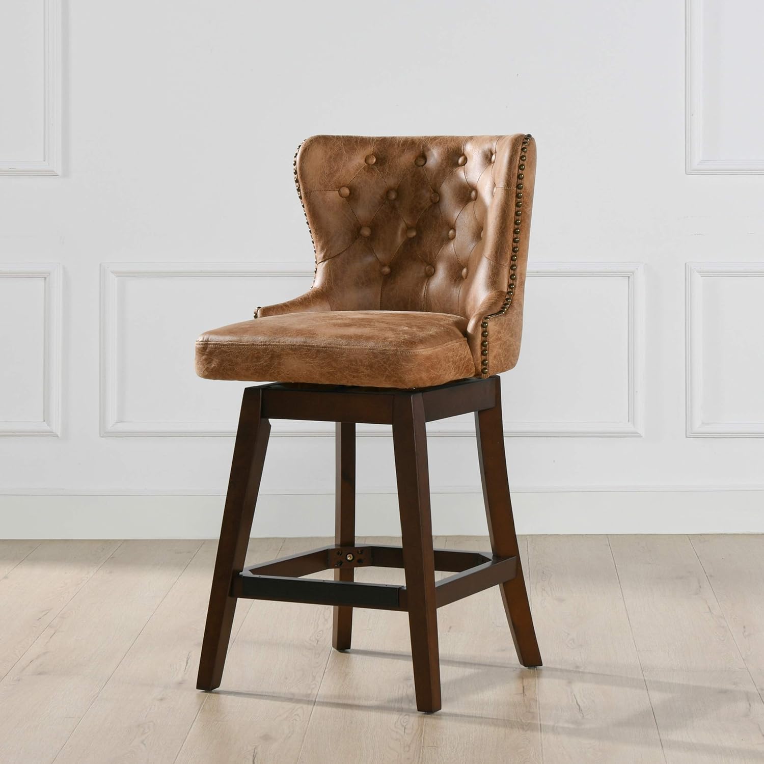 Jennifer Taylor Home Holmes Tufted High-Back 360 Swivel Counter-Height Barstool, Tan Brown Faux Leather