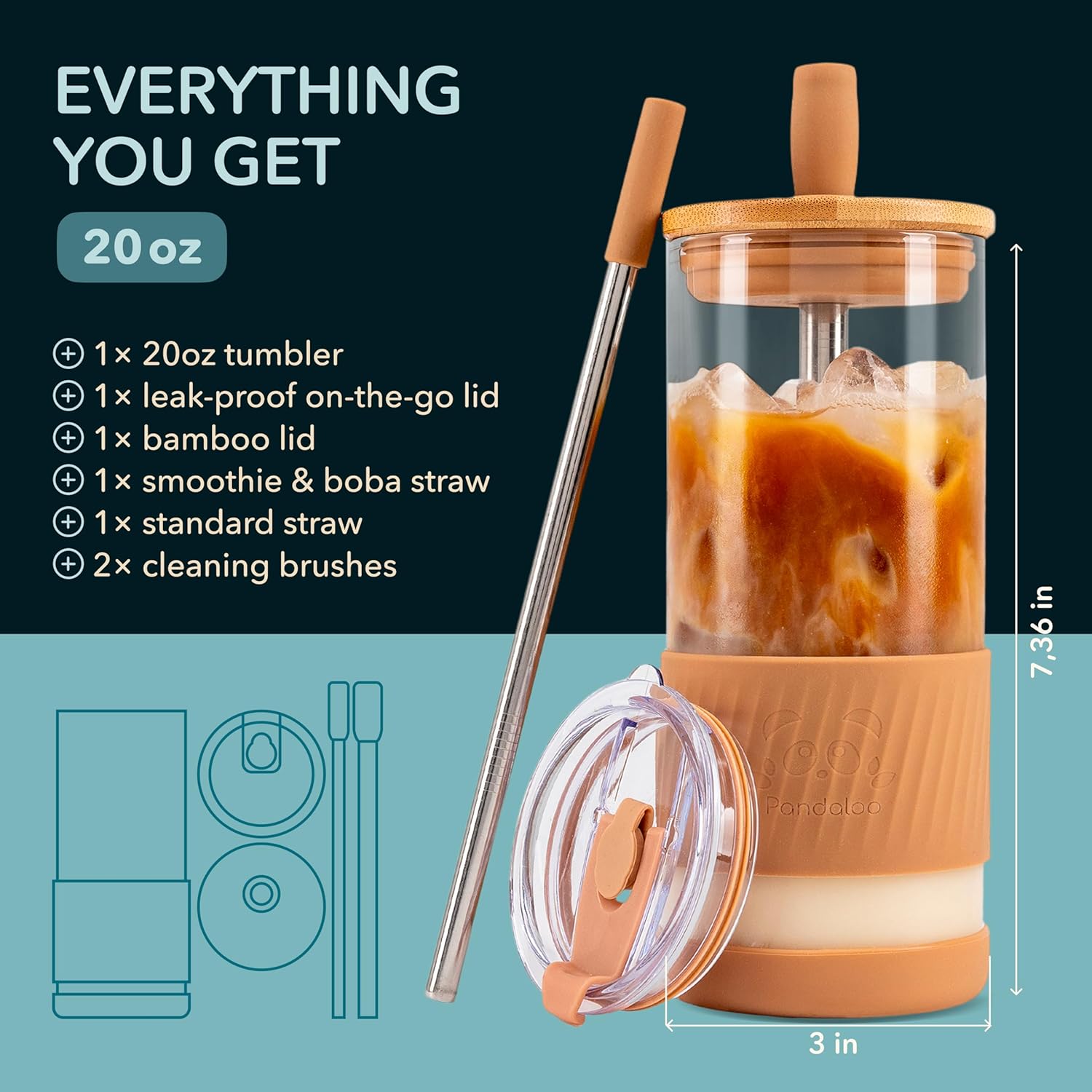 Pandaloo® Glass Cups With Lids and Straws -20 Fl Oz- Perfect Size Iced Coffee Cup - Smoothie Cup With Bamboo Lid and On the go Lid - Glass Tumbler With Straw (1 Count (Pack of 1), Amber Sand) - Image 2