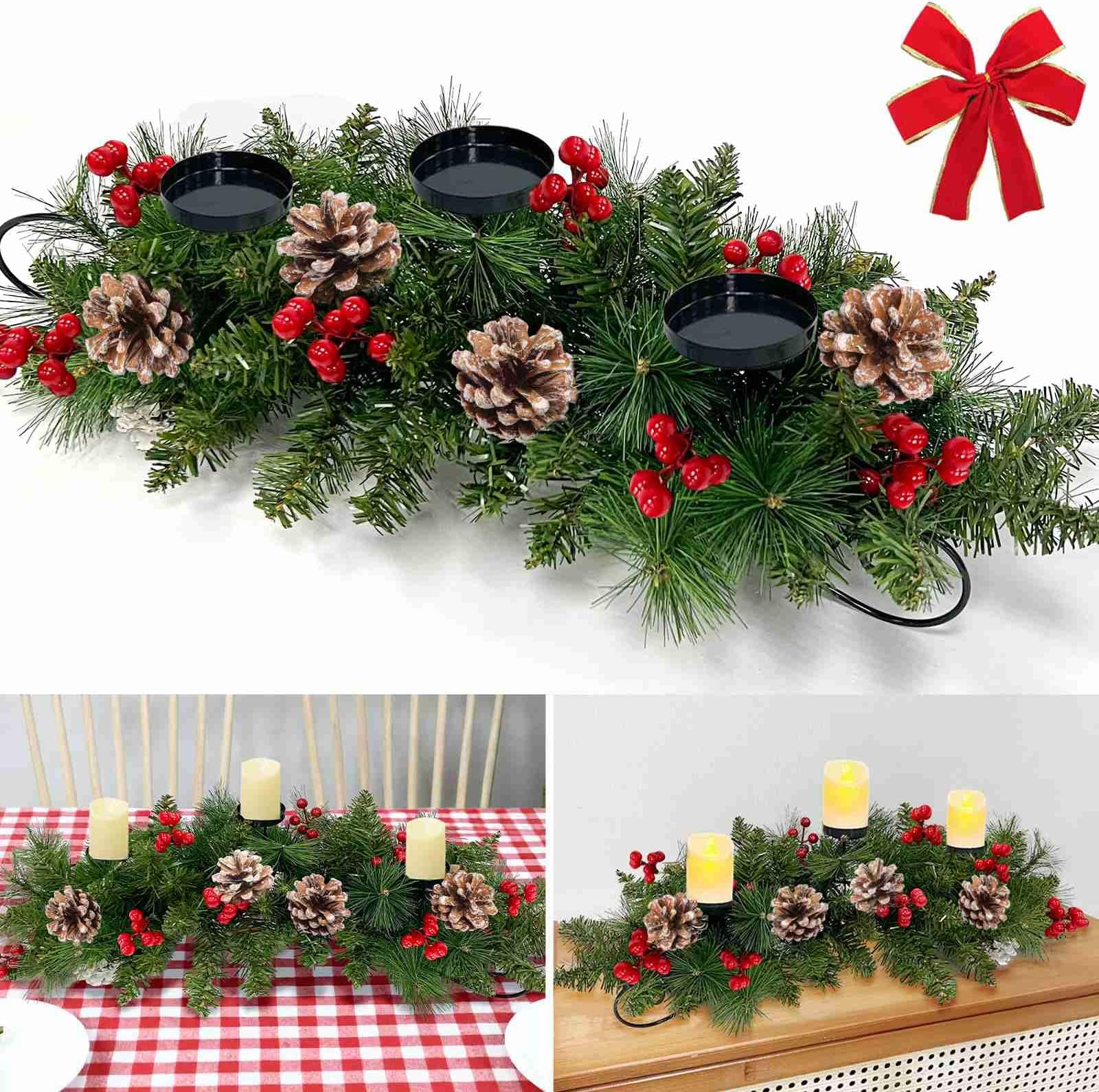 30'' Large Christmas Tables Centerpieces Xmas Tabletop Decorations with 3 Candle Holder & Red Bow Berry Pine Cone, Metal Base Xmas Dining Table Centerpieces Christmas Decorations for Home Indoor Decor
