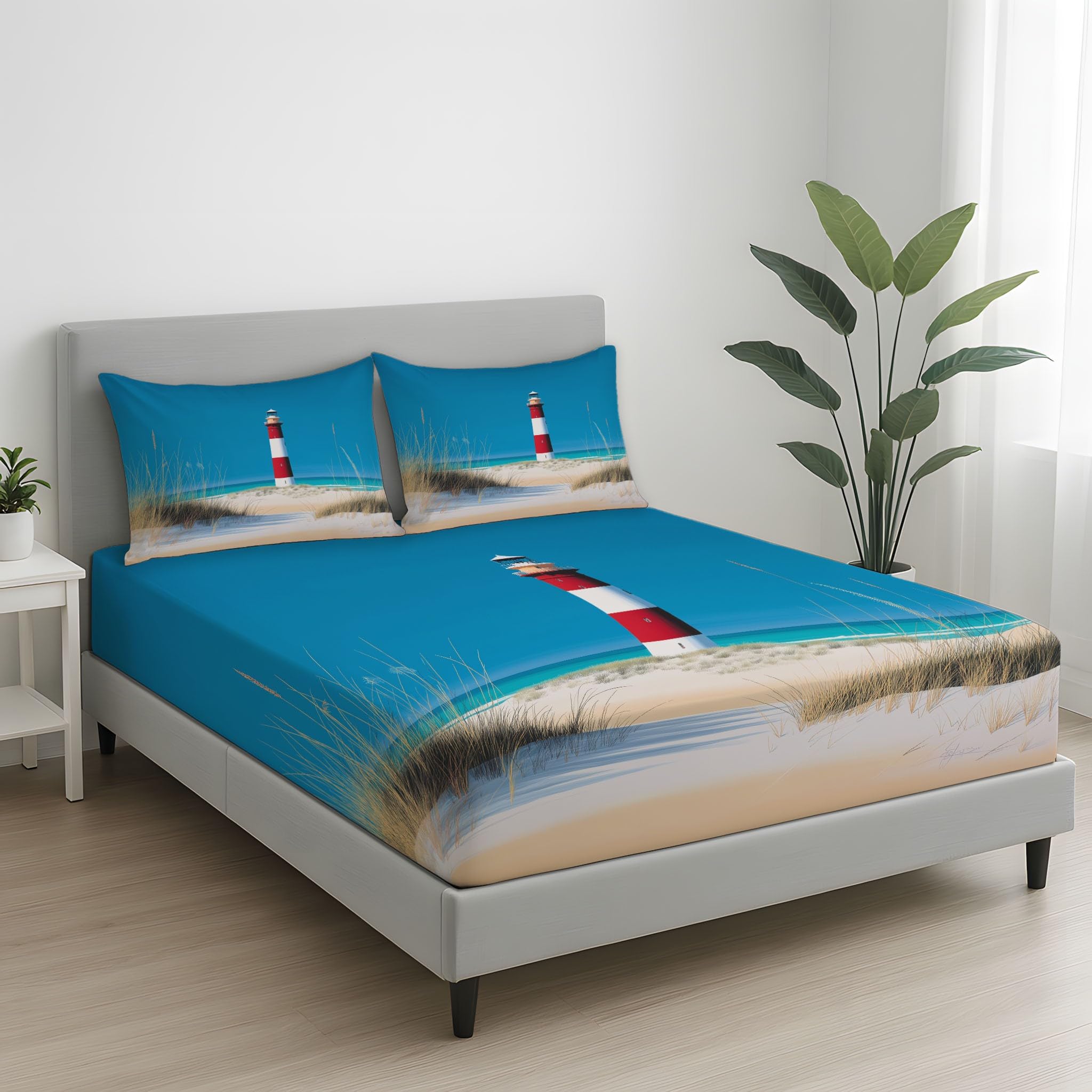 Blu Traspirante Lenzuolo Faro Dune di Sabbia Spiaggia Lenzuolas Iper-Realistico Minimalista Lenzuolo con angoli elasticizzati da 30 cm Naturale Calmo Oceano Morbido 160 x 190 x 30 per Bambini Adulti