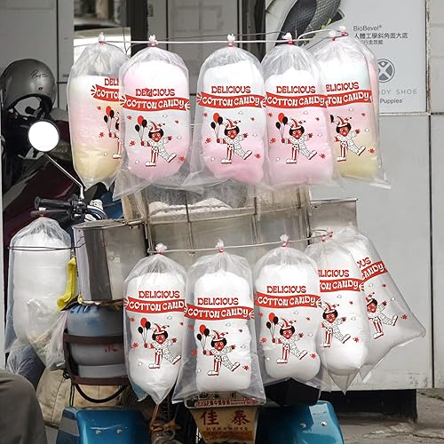 Miniatura 4 de Geyee 500 bolsas de algodón de azúcar con lazos, bolsas grandes de algodón transparente con estampado, ideales para carnavales, fiestas de verano,