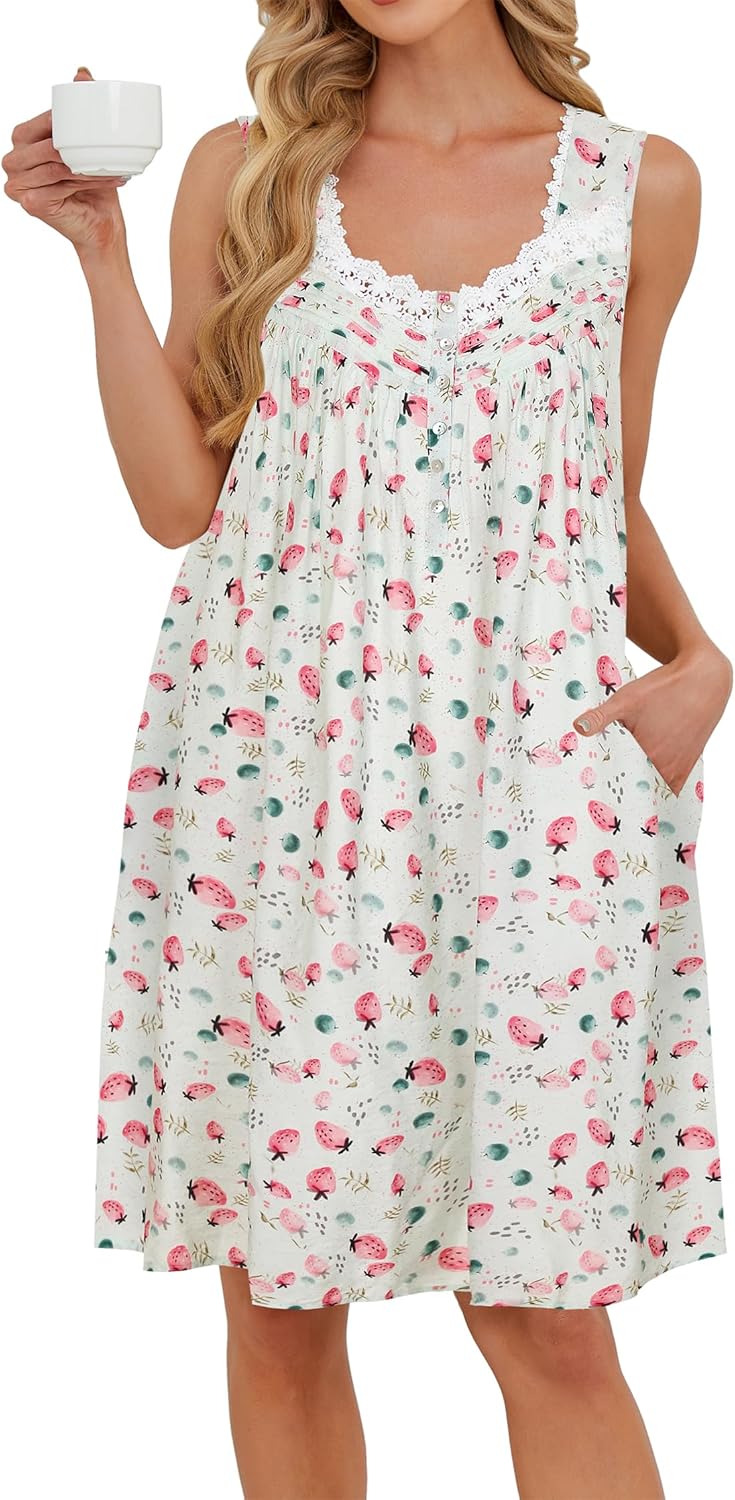 AVIIER Cotton Nightgowns for Women Sleeveless Night Gown with Pockets