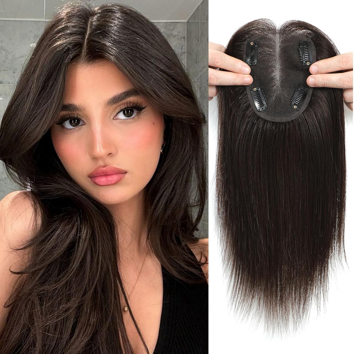 Miss Lirenn® Hair Topper 4 x 4 Inch Silk Base, Middle Partition Light Weight, 4 Clip in Straight Hair Extension for Thinning Hair, Grey Hair for Women & Girls,18 Inches Long, 60 Gram (Brown)-image-40