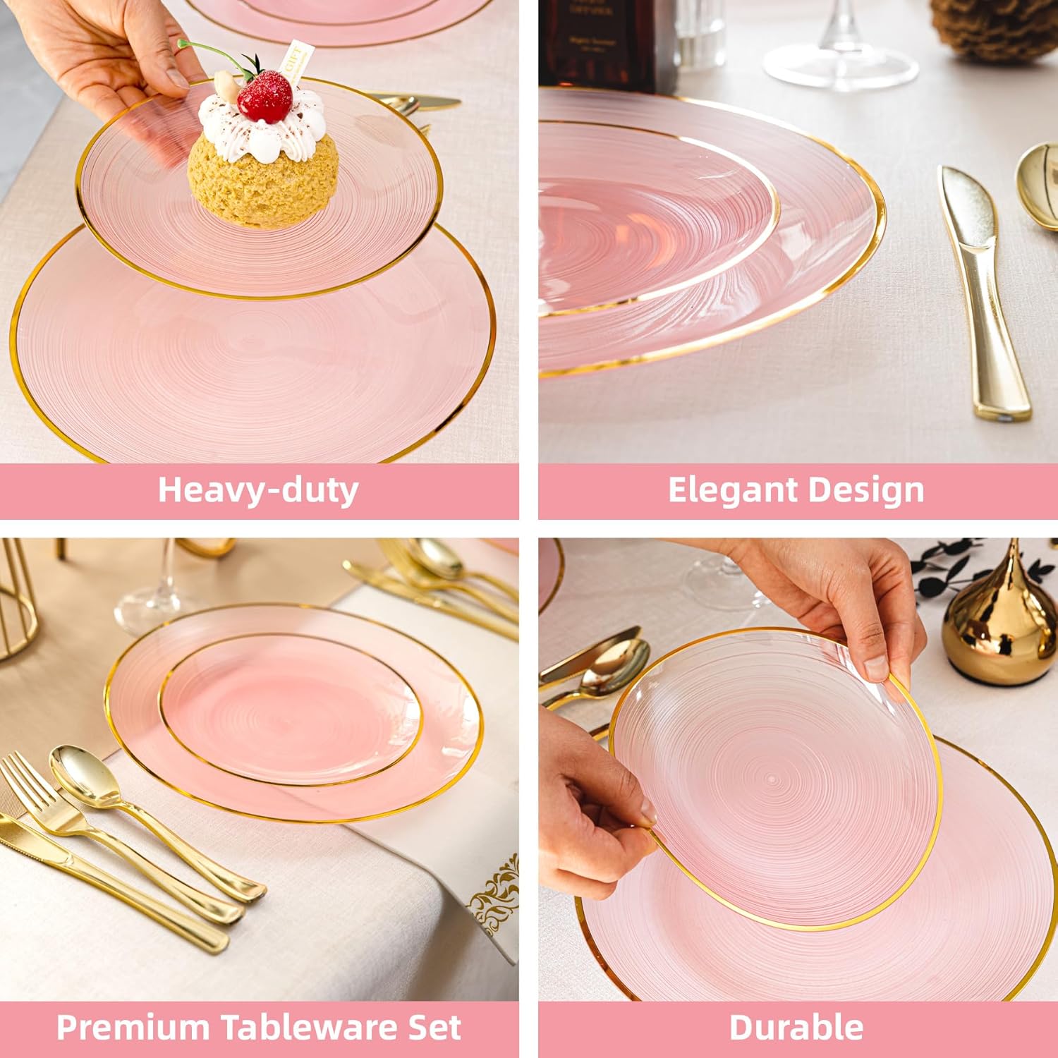 N9R 180PCS Pink Plastic Plates with Gold Trim, Disposable Party Dinnerware Set for 30 Guests, Include 30 Dinner & Salad Plates, Napkins, Forks, Spoons, Knives, Perfect for Wedding, Dinner Party