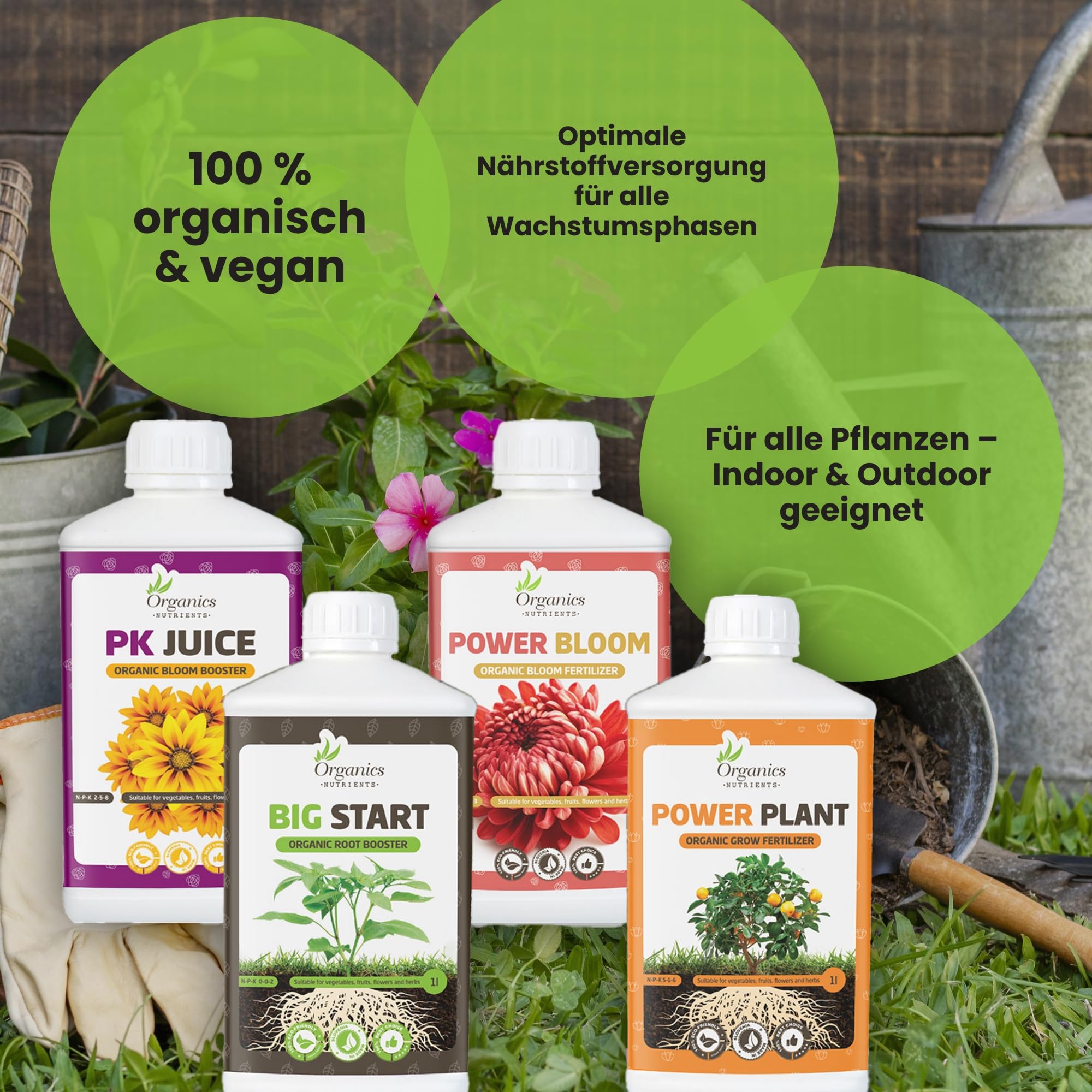 Organischer Flüssigdünger Set – Big Start, Power Plant, Power Bloom & PK Juice – Bio Flüssigdünger für Gemüse & Pflanzen (1 L)