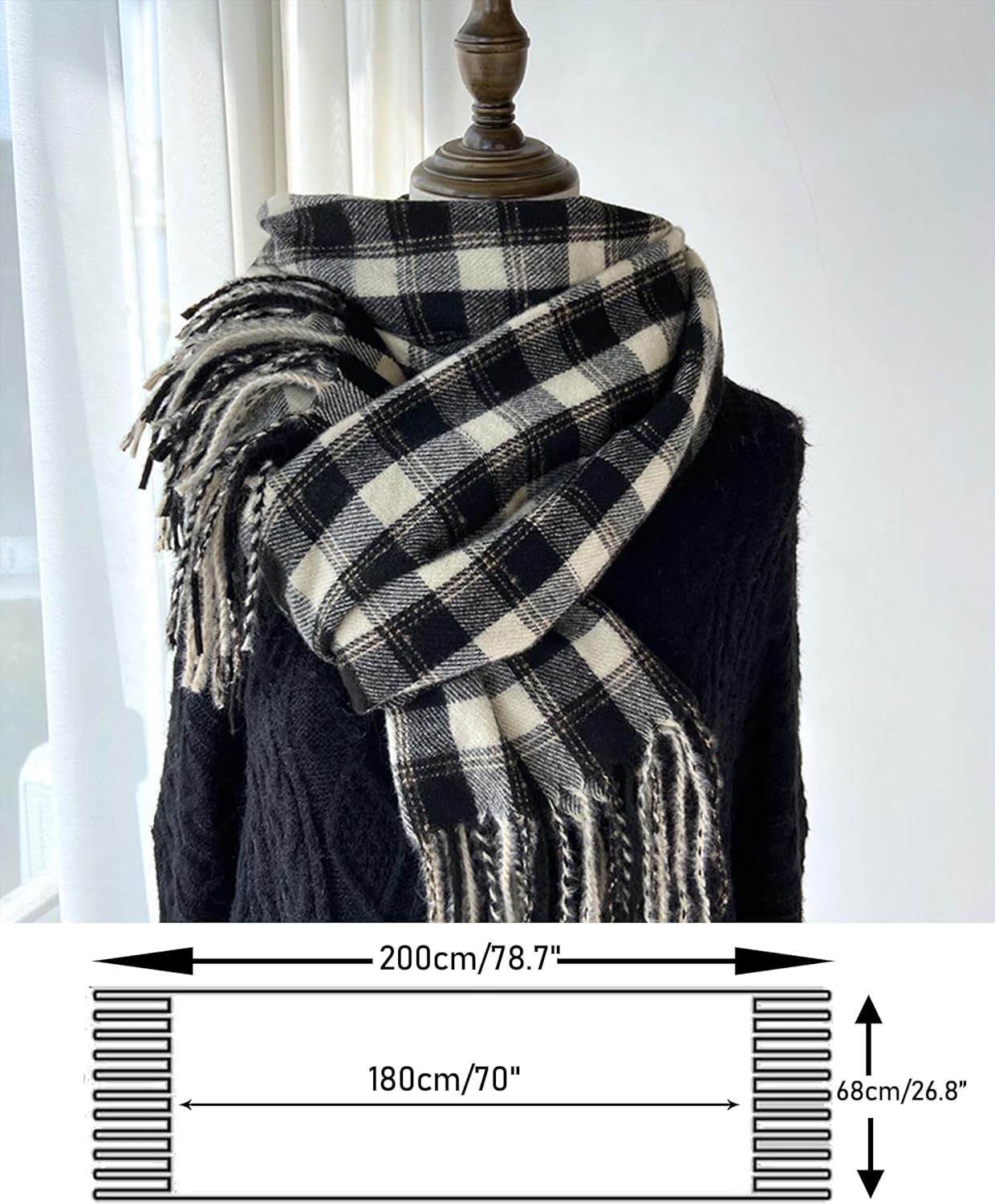 Cashmere-Feel Large Shawl Plaid Scarf for Women, Fall Winter Soft Warm Pashmina Blanket Wrap with Fringe - Image 4