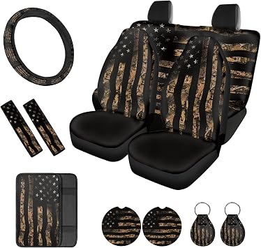American Flag Camo Print Car Seat Covers Full Set, 12 Piece, Includes Car Front & Back Seat Cover Steering Wheel Cover Armrest Cover Seat Belt Pad Car Interior Decoration Accessories