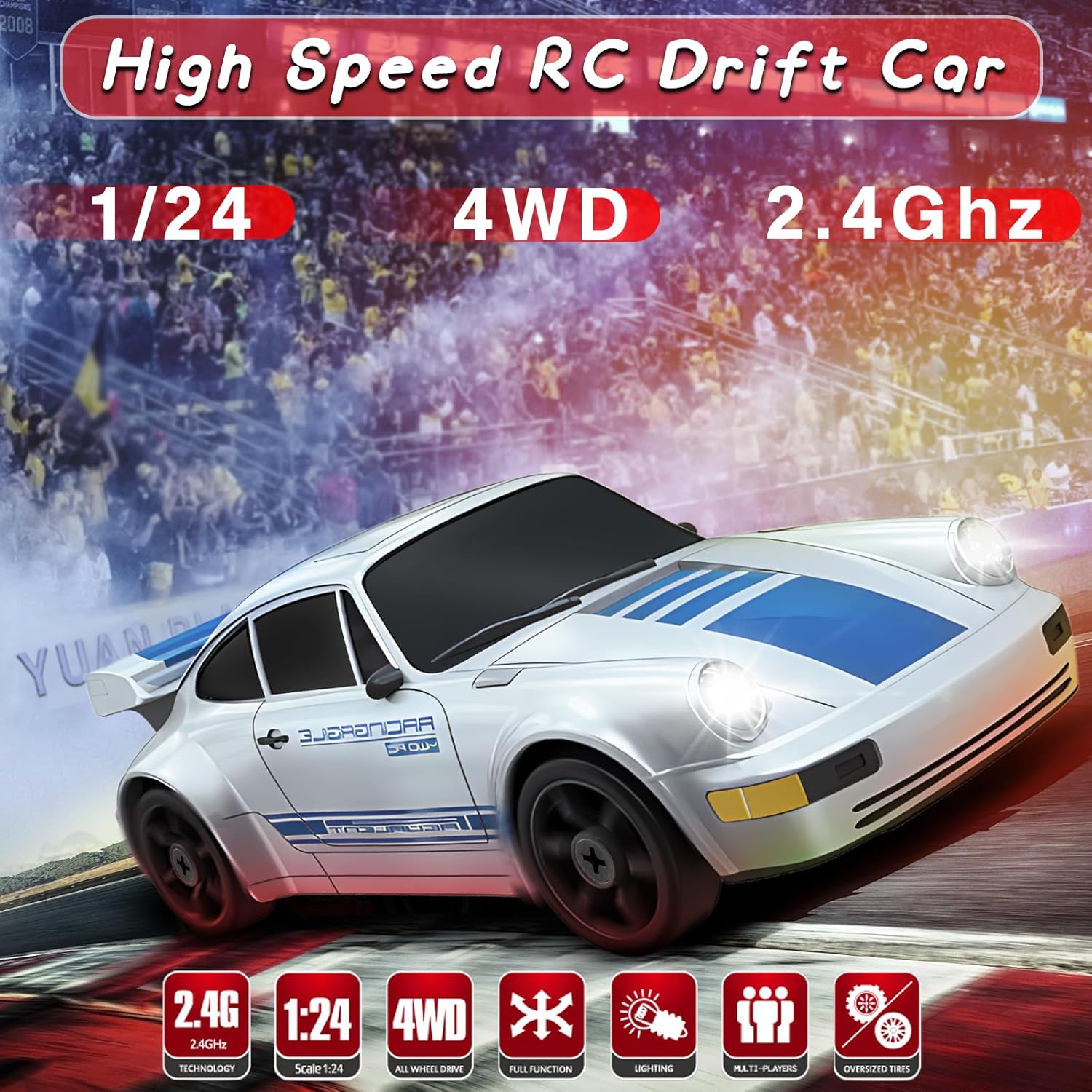 Remote Control Car RC Cars Toys for Boys, 1/24 2.4GHz 4WD RC Drift Car Silver Racing Drift Hobby Racing Car Toys with Light Rechargeable Battery and Drift Tires Xmas Toys for Kids