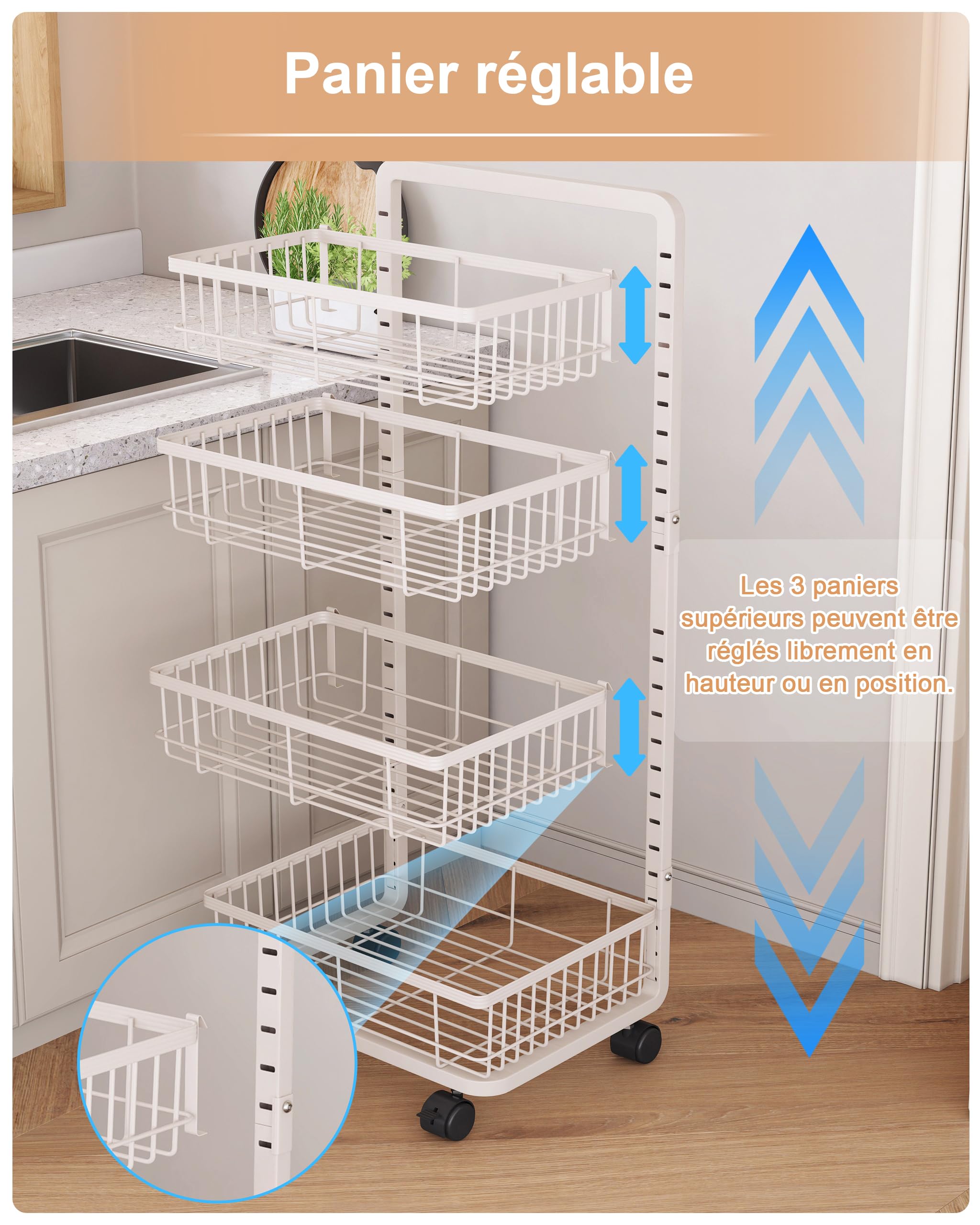 UMDONX Chariot de Cuisine Métallique 4 étages, Desserte de Service à roulettes, Panier de Fruits et Légumes pour Cuisine Chambre Salon Bain, Blanc 42 x 32 x 87 CM