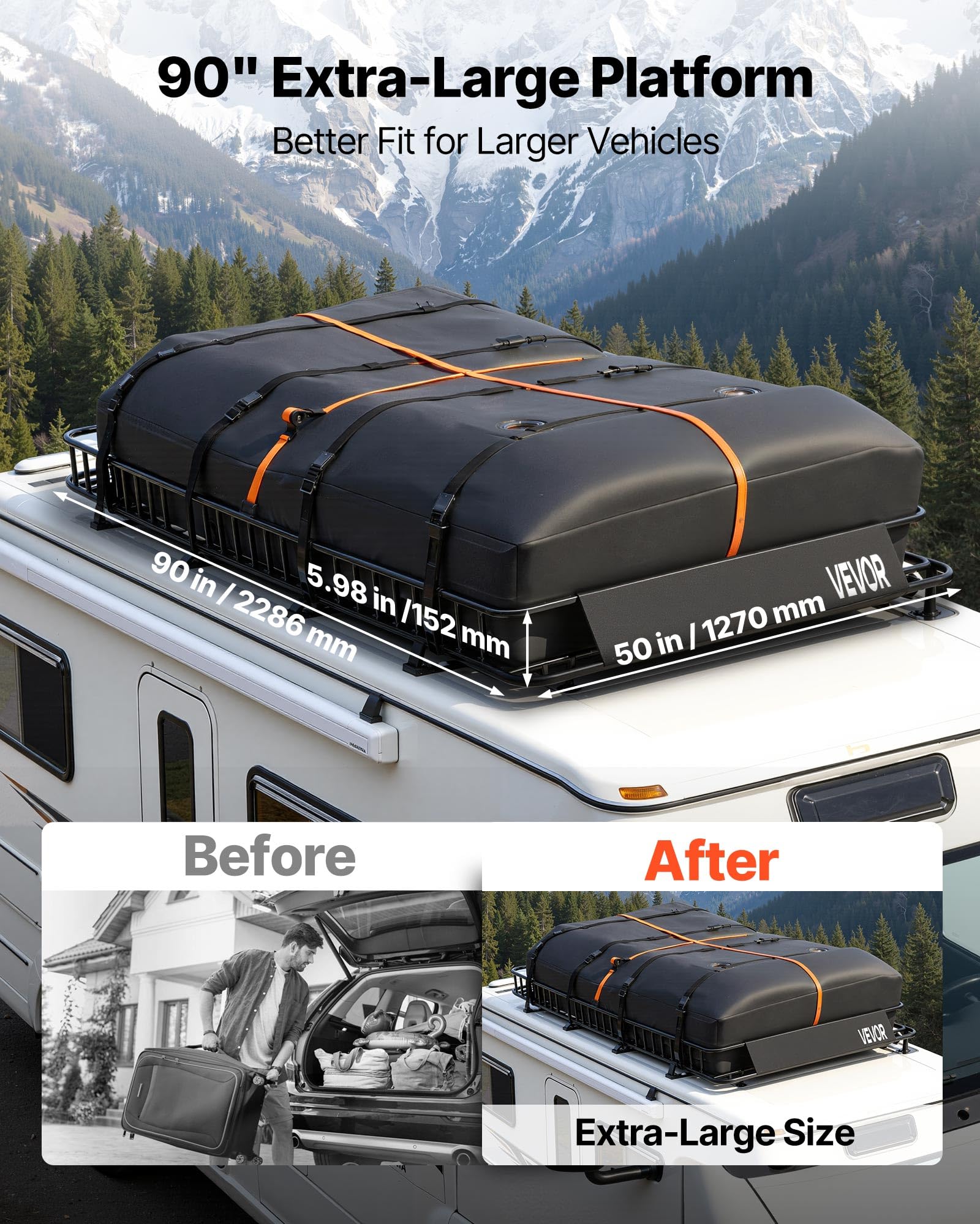 VEVOR Dachkorb Auto 2286 x 1720 x 152 mm Dachträgerkorb (Q195-Legierungsstahl) mit Wasserdichter Tasche (Oxford) und Ratschengurten 113,4 kg Tragkraft Dachgepäckträger für SUV LKW Pkw Autodachkorb