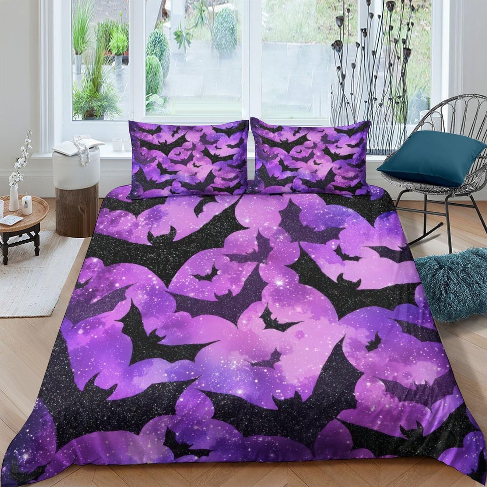Ctjqhvkz Style-4 3D Printed Purple Bat Fitted Sheet Microfiber Soft Non-Slip Gothic Halloween Bed Cover For Bedroom Dorm Decor Single（135X200cm）