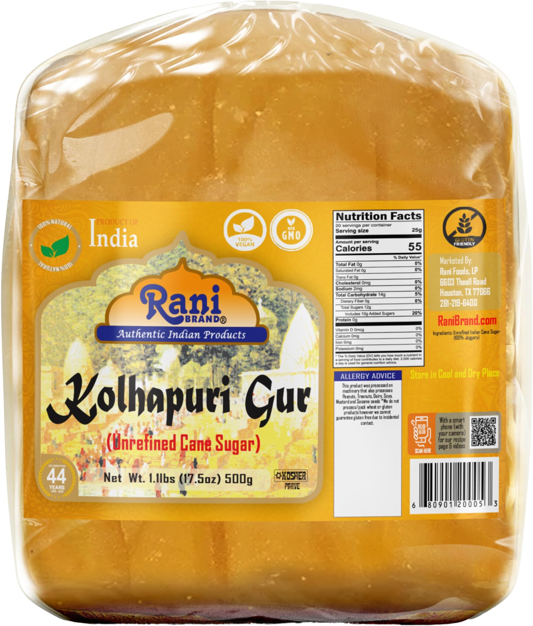Rani Kolhapuri Gur (Jaggery) 17.5oz (1.1lbs) 500g ~ Unrefined Cane Sugar, No Color added, Gluten Friendly | Vegan | NON-GMO | Kosher | No Salt or fillers