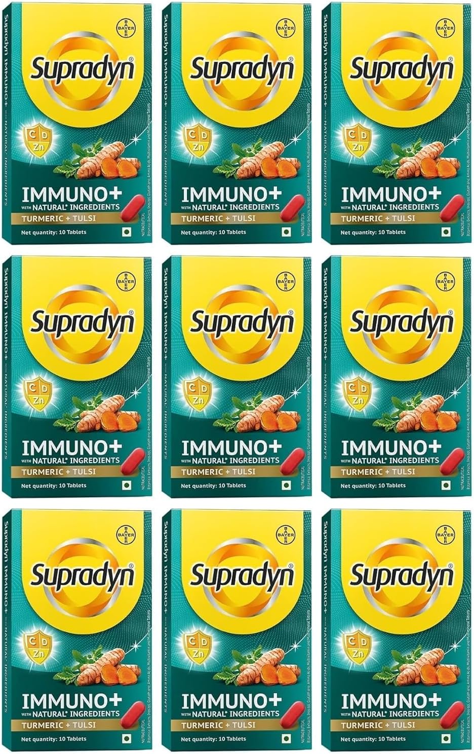 Immuno +, Multivitamin Vit C, Vit D, Zinc, Unique blend of Tulsi, Turmeric, Shatavari & Ashoka, Pack of 9 x 10 Tablets