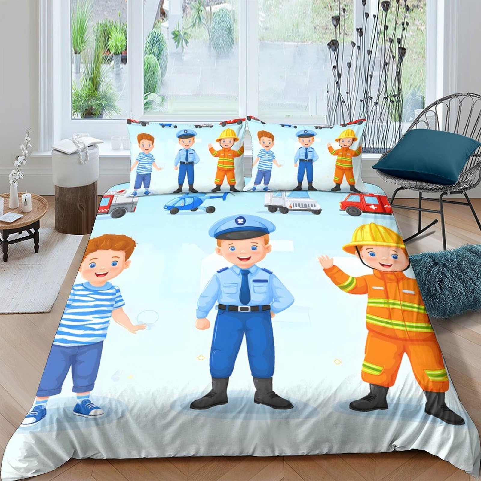 Ctjqhvkz Style-9 3D Printed Cartoon Occupation Fitted Sheet Microfiber Blue Kids Policeman Fireman Bed Cover Anti-Slip Machine Wash Bedroom Dorm Decor Single（135X200cm）