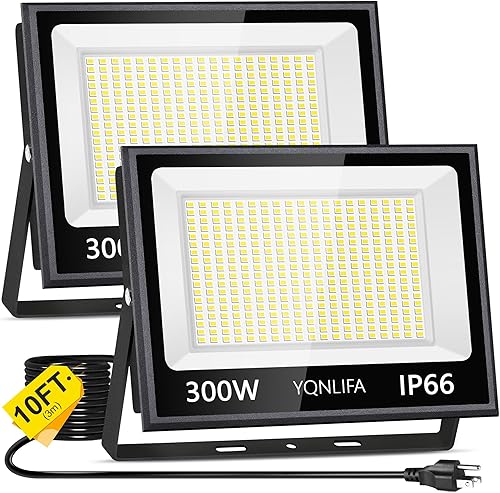 YQNLIFA Luces LED de inundación para exteriores, 300 W enchufables con cable de 10 pies, luz blanca diurna de 5000 K, luces de trabajo LED