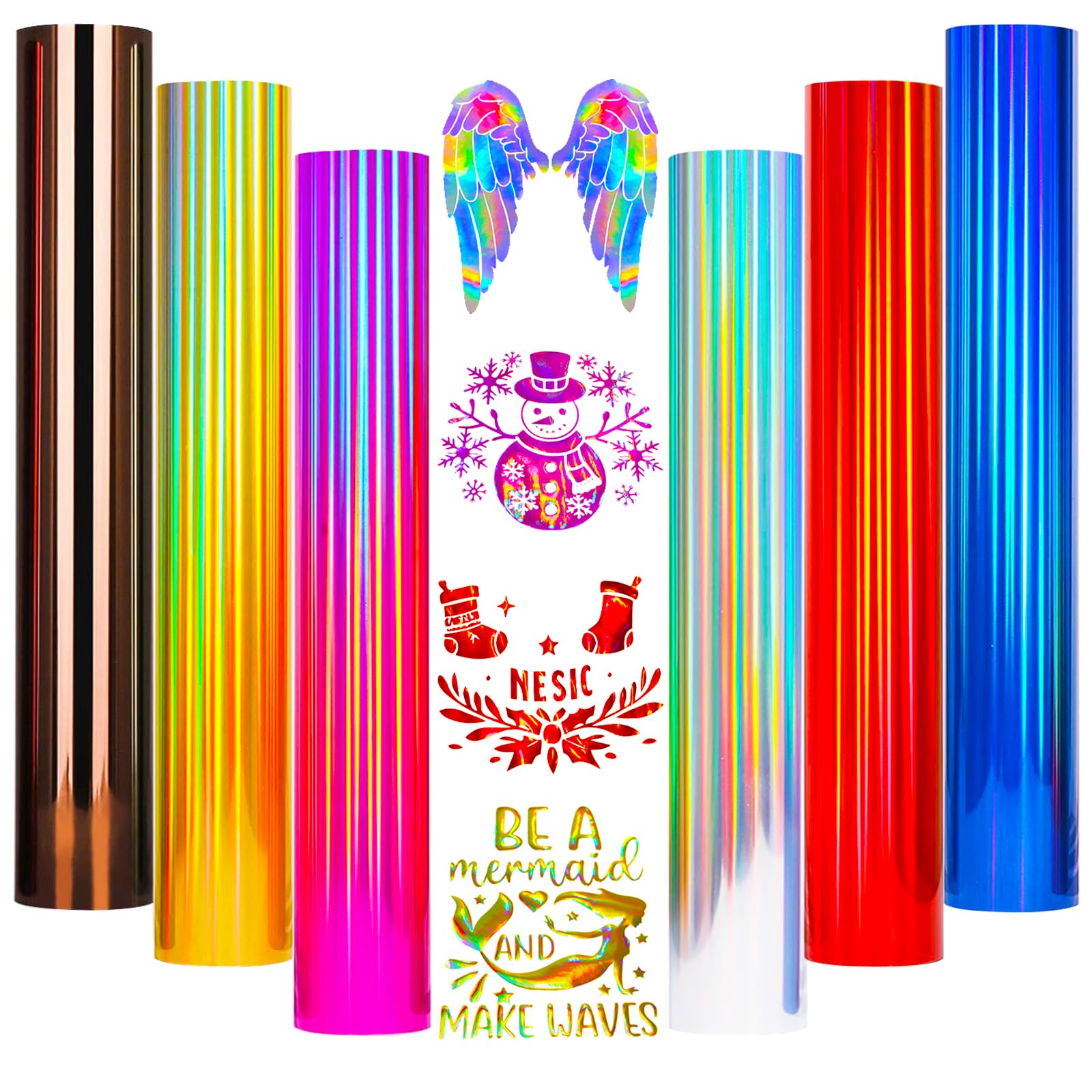 Holographic HTV Reflective Heat Transfer Vinyl Gold Iron Htv Matellic Rainbow Holographic Vinyl 6 Sheets 30.5x25cm Iron on Vinyl for Cricut, T-Shirts DIY Design, Silhouette Cameo Heat Press Machine