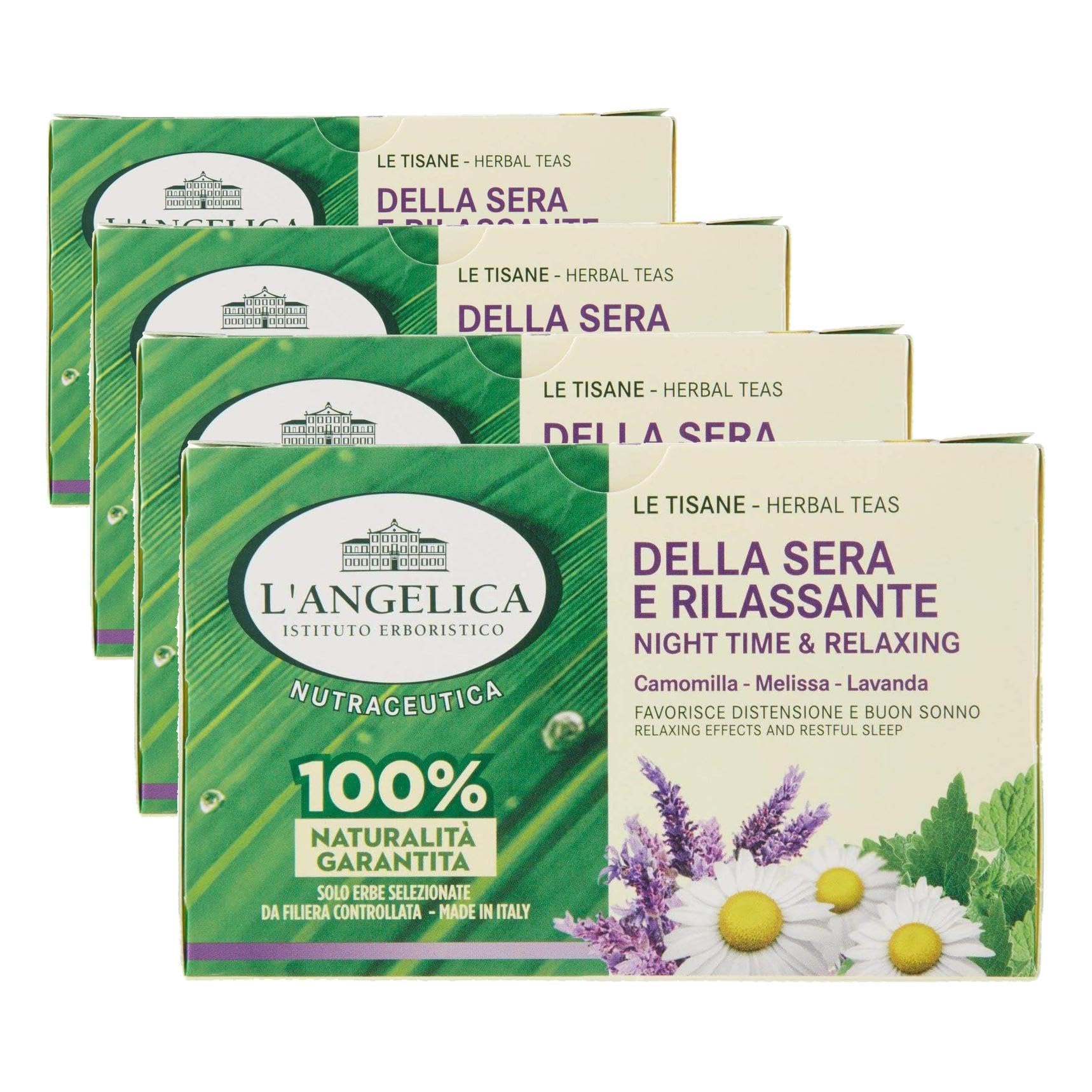 L'Angelica, Tisana Funzionale Calmante e Rilassante per Dormire a Base di Camomilla e Passiflora, Tisane con Effetto Distensivo, Vegan, Confezione da 80 Filtri