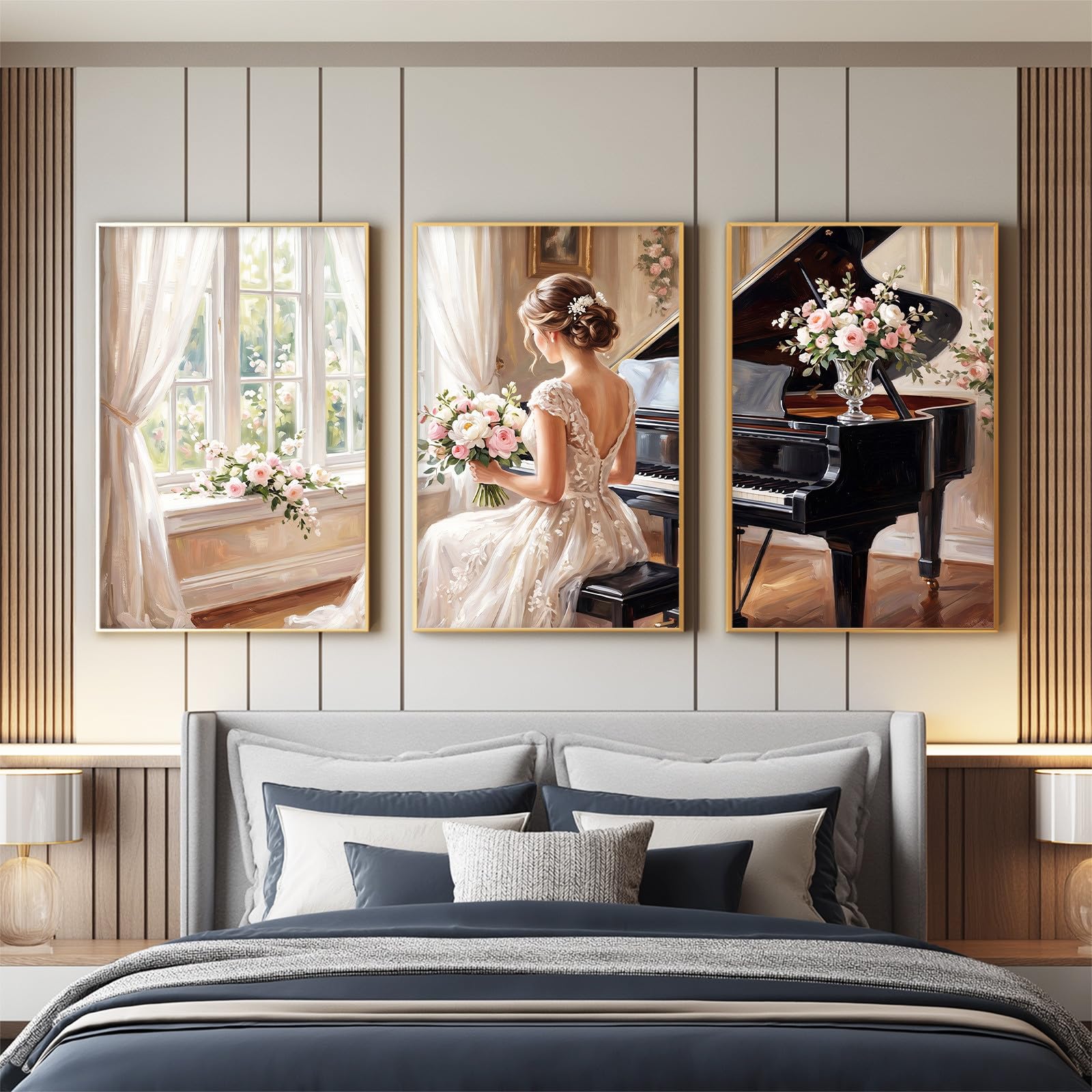 Generisch 3-teiliges Wandbild Leinwand Set 50 x 70 cm, Ohne Rahmen Triptychon Ästhetische Kunstdrucke Ölgemälde für Wohnzimmer & Schlafzimmer, Frau Hochzeitskleid Romantisch Klavier Blume Sanft