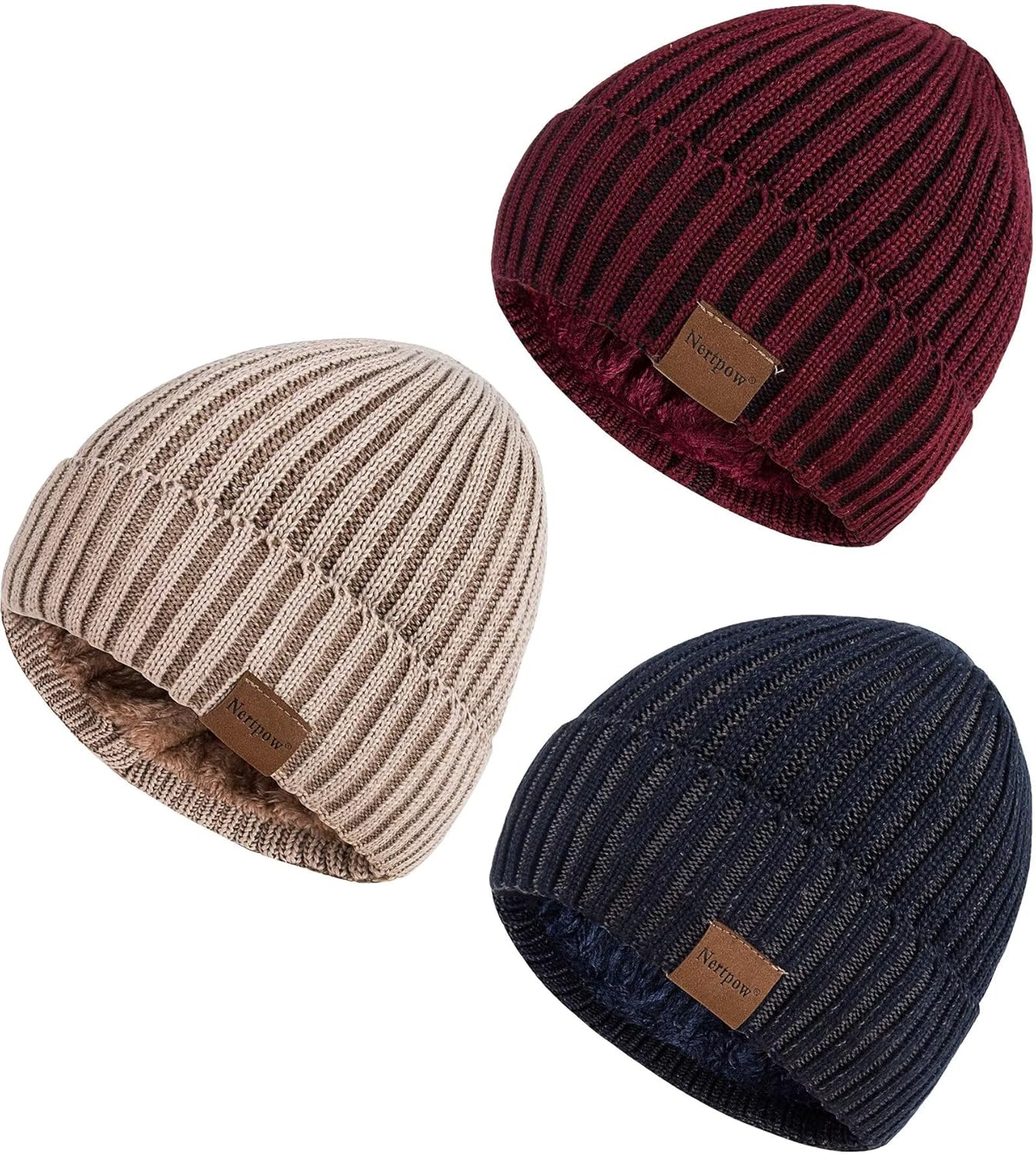 Nertpow Mens Beanie Hats 3 Pack, Winter Hats for Men Women Warm Thermal Fleece Lined, Thick Knit Fashion Skull Cap for Guys