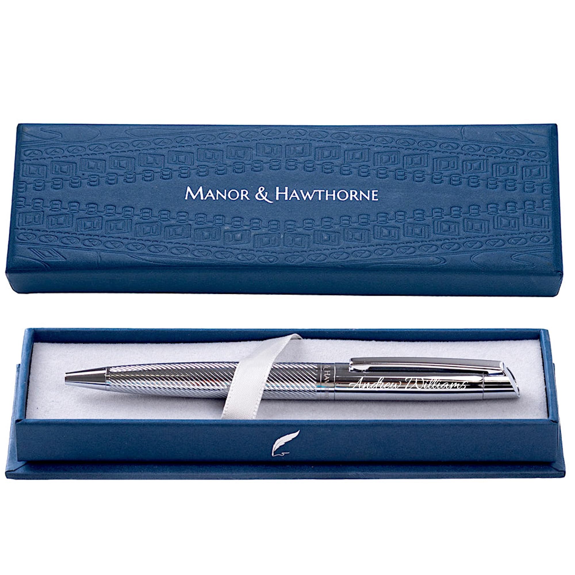 Manor & Hawthorne Elegant Ballpoint Pen - Premium Writing Instrument in Luxury Box - Smooth Ink Flow, Refillable Pen - Professionals, Business, Office Use, Special Occasions (Silver (Personalised))