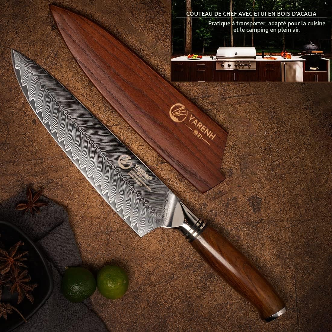YARENH Couteau de Chef 20.5 cm, Couteaux de Cuisine Professionnel Full Tang, Acier Damas 73 Couches avec Manche en Bois de Santal, Couteau de Tranchage Utilitaire Cuisine, Avec Fourreau en Bois