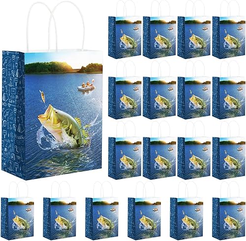 Bolsas de fiesta de pesca estilo pez azul de 18 piezas, con temática de pesca desaparecida, 8.8 x 6.4 x 3.2, bolsa de papel suave para regalos,