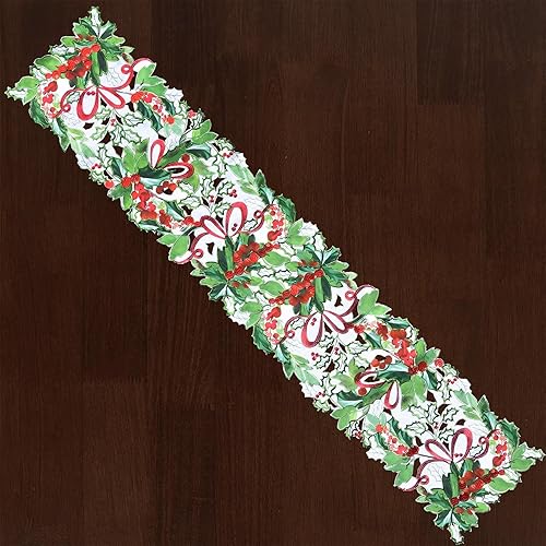 Miniatura 2 de Camino de mesa bordado de hojas de acebo de Navidad (14 x 54 pulgadas)