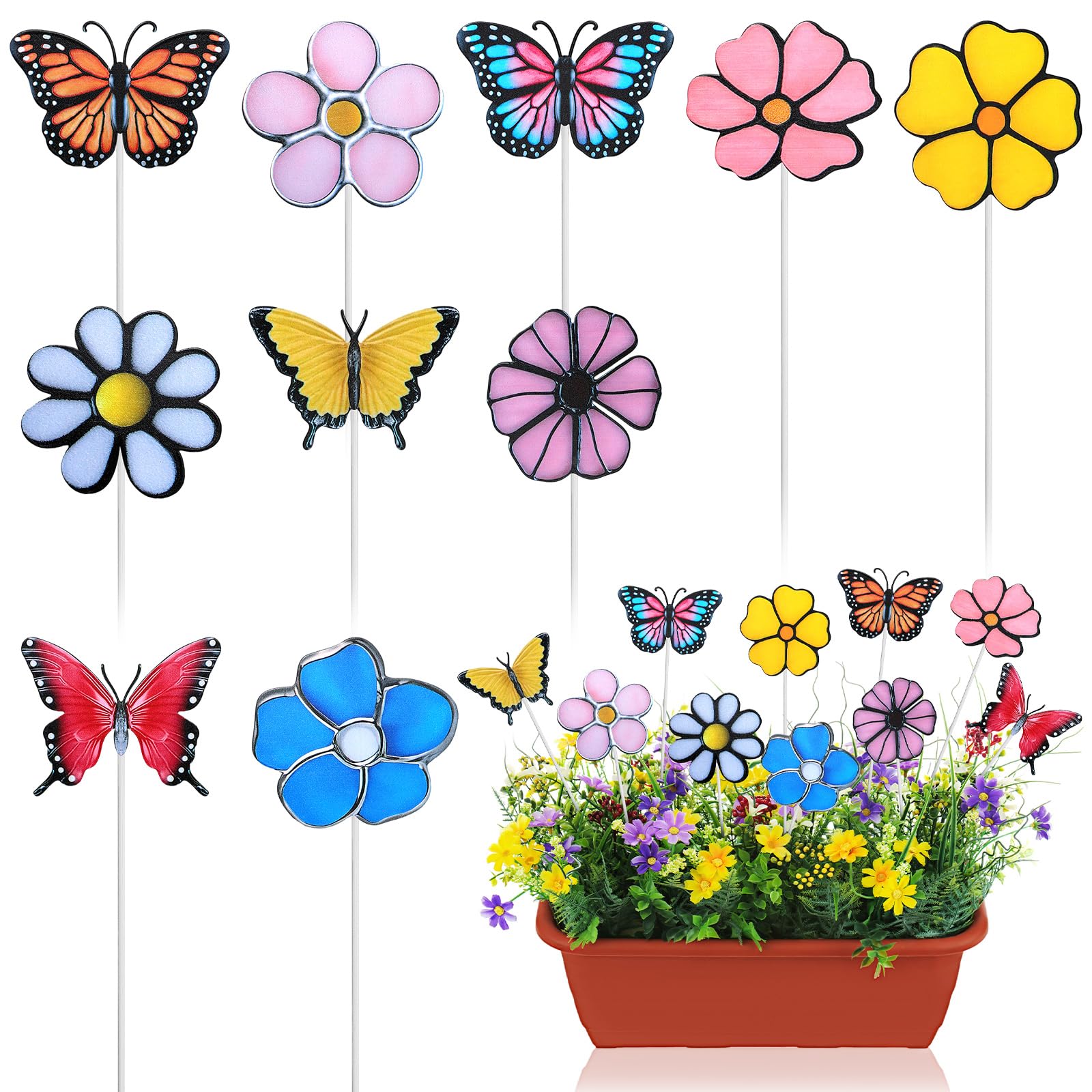 10 Pcs Metal Flower Garden Stake for Outside Outdoor 11.8" 5D Summer Flowers Butterfly Metal Sign Waterproof Decoration Landscape Ornament for Lawn Yard Garden Patio Porch Art