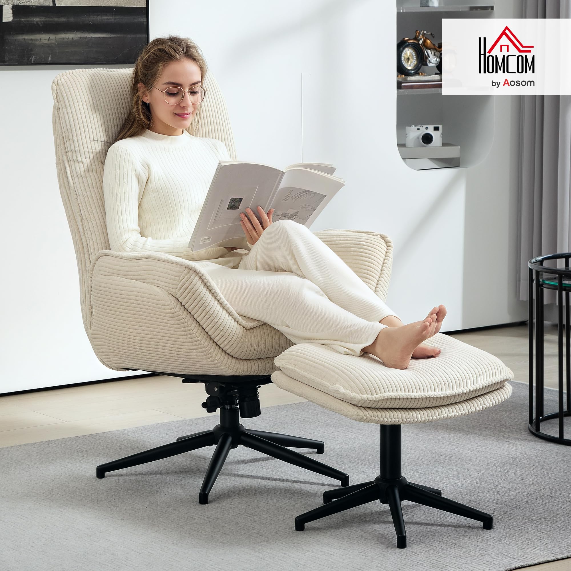 HOMCOM Fauteuil Salon avec Repose-Pieds Pivotant Inclinable Relax Beige | Velours Côtelé, Assise et Accoudoirs Rembourrés, Dossier Haut, pour Salon et Chambre