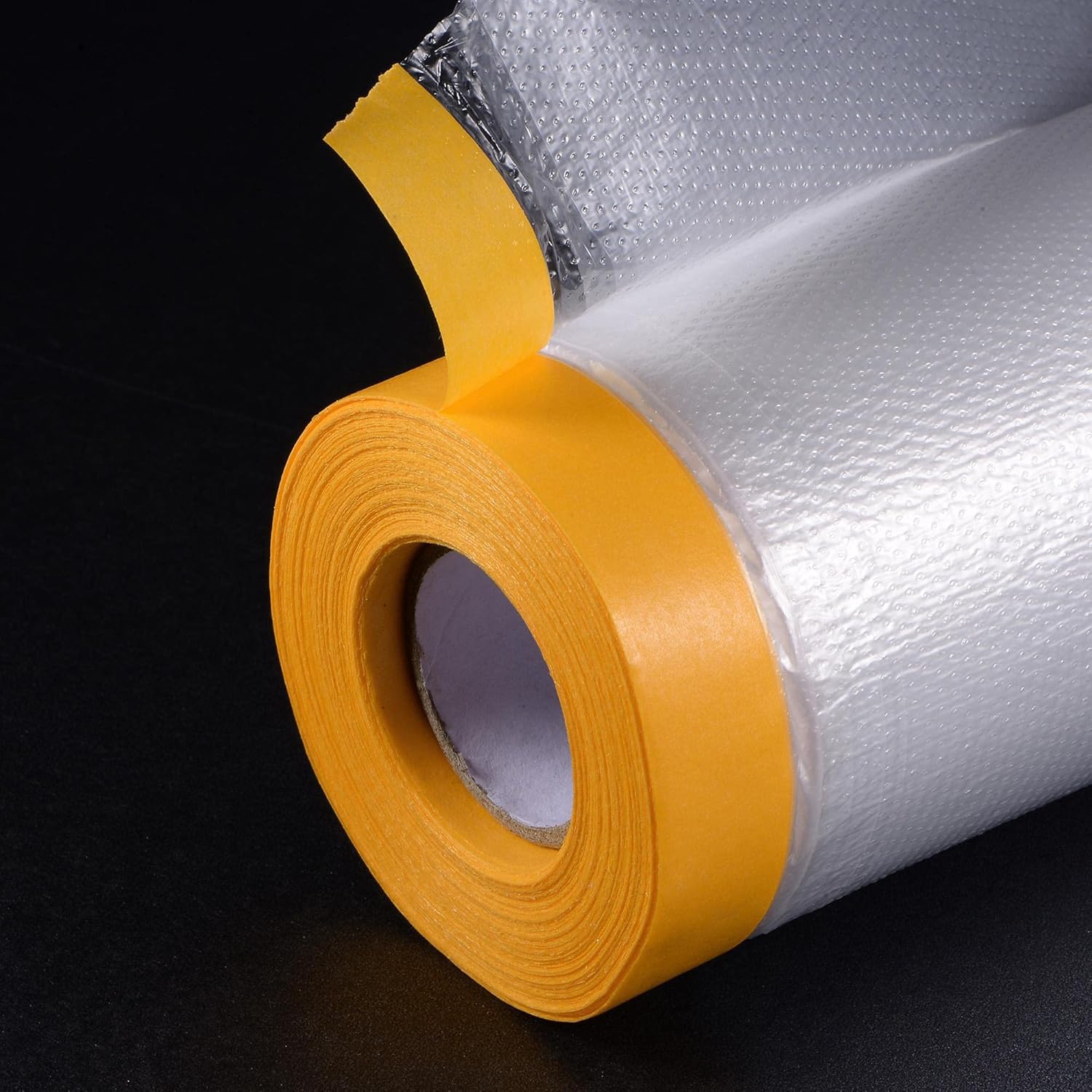 uxcell Pre-Taped Masking Film, 118.1 in x 65 Ft, Plastic Drop Cloth with Medium-Tack Painters Tape for Painting Protection