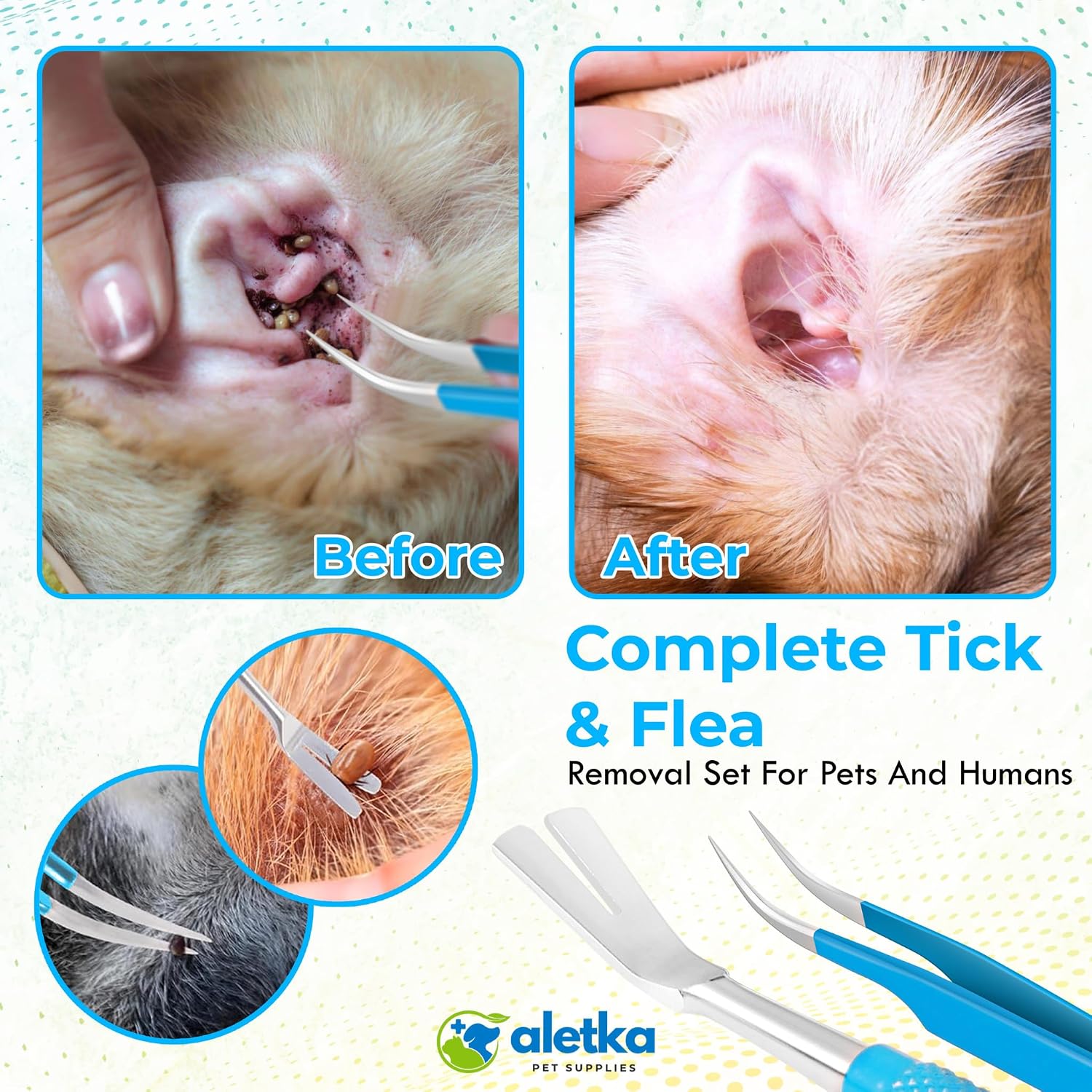 Safe & Complete Tick Removal Tool Kit • Support Cancer Research • Protective Leather Case • Tick ID & Instruction Card • Durable Stainless Steel • Dishwasher Safe • Easy to Use • Removes Tick Whole