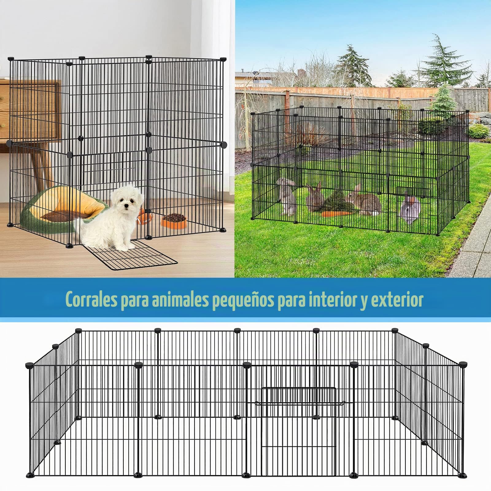 Froadp Parque de Juegos para Conejos y Mascotas al Aire Libre 142x72x72cm de Metal, 24 Piezas, Parque de Rejas con Puerta para Cobayas, Parque para Mascotas, Jaula para Cachorros, Hamsters (Negro)