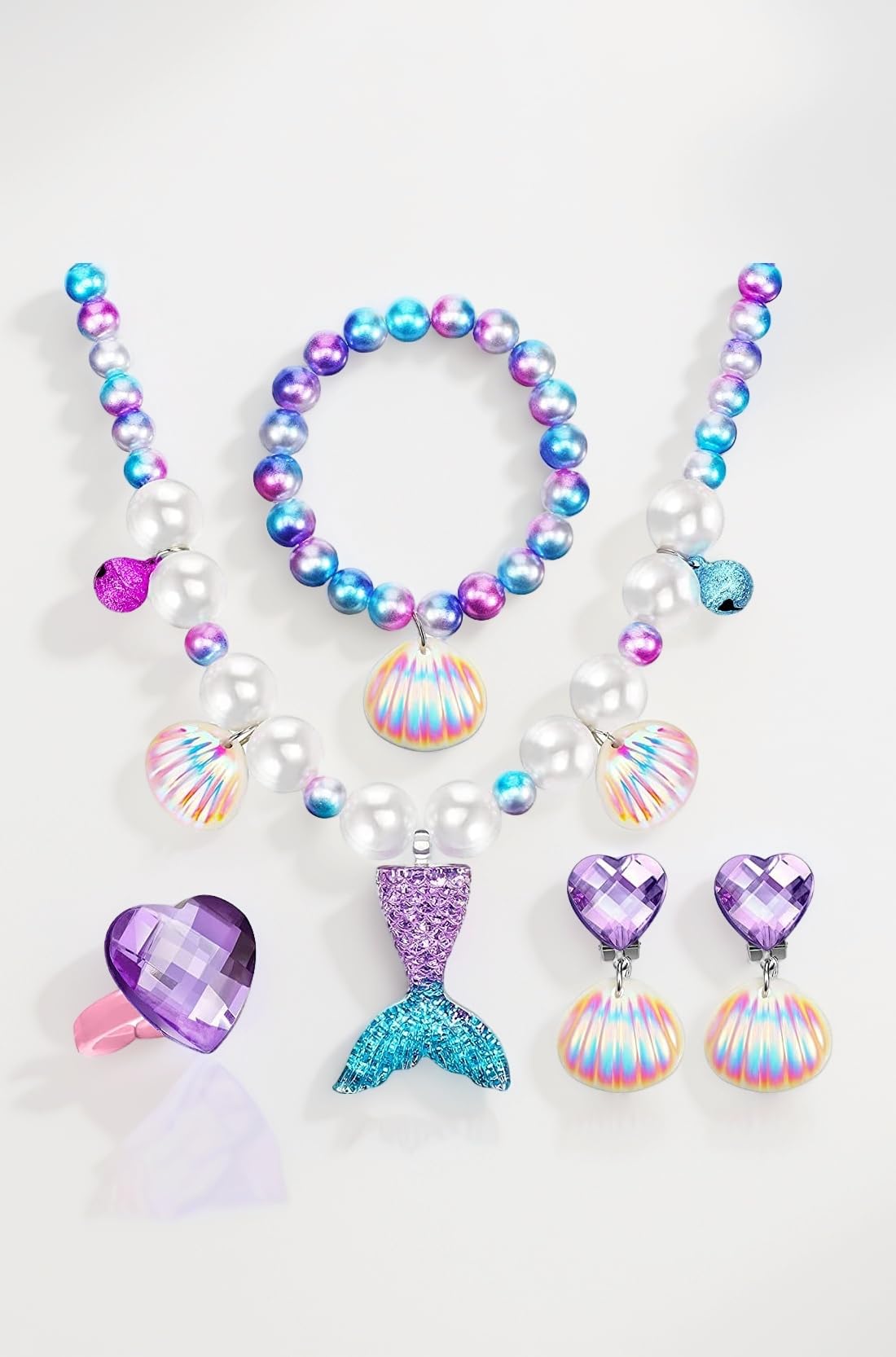 Mermaid Necklace Bracelet Jewellery for Kids Girls Set, Pearl Beads Necklace/Bracelet, Sling Bag, Hair Bow, Seashell Earrings, Ring Combo Kit for Party Costume Jewelry Supplies Gift