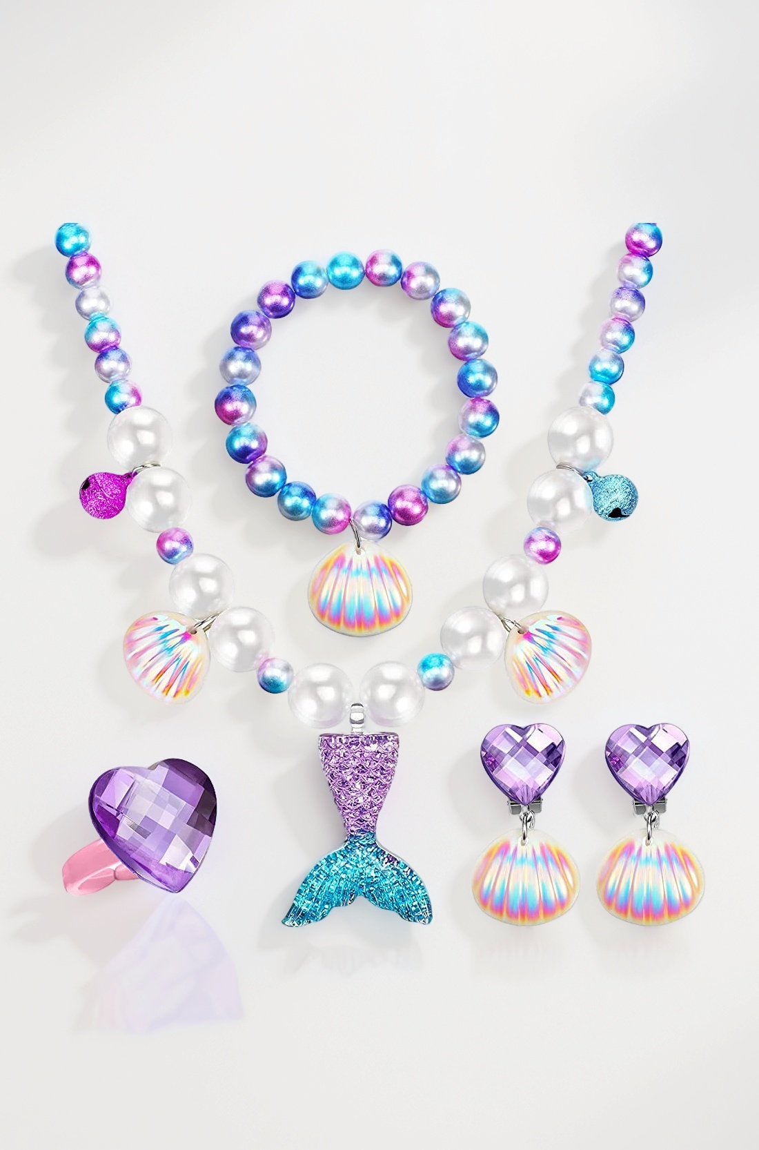 Mermaid Necklace Bracelet Jewellery for Kids Girls Set, Pearl Beads Necklace/Bracelet, Sling Bag, Hair Bow, Seashell Earrings, Ring Combo Kit for Party Costume Jewelry Supplies Gift