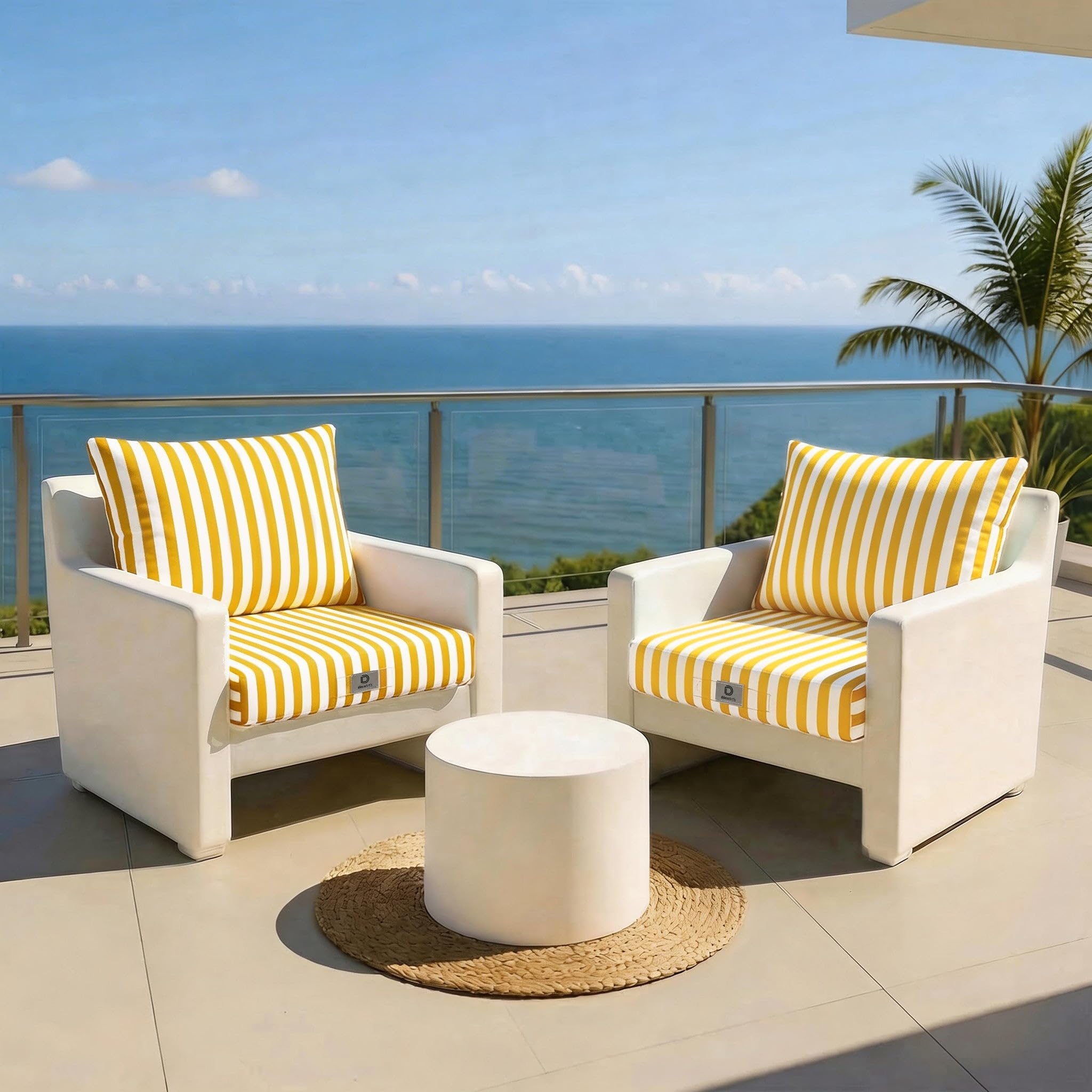 Déco Arts — Set de 2 Cojines Desenfundables Sofá Jardín 60x50 — Asiento 60x50 + Respaldo 60x35 cm — Impermeable Anti-UV — Repuesto Muebles Jardín Terraza Balcón Porche — A Rayas Amarillas