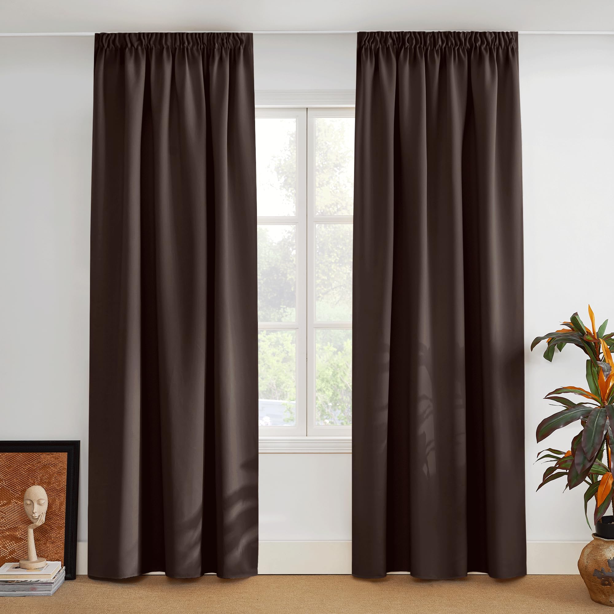 PONY DANCE Verdunklungsgardine für Schiene Wärmeisolierende Vorhänge für Wohnzimmer 2er Set H 245 x B 140 cm Braun, Thermovorhang Hitzeschutz Kräuselband Gardinen Blickdicht