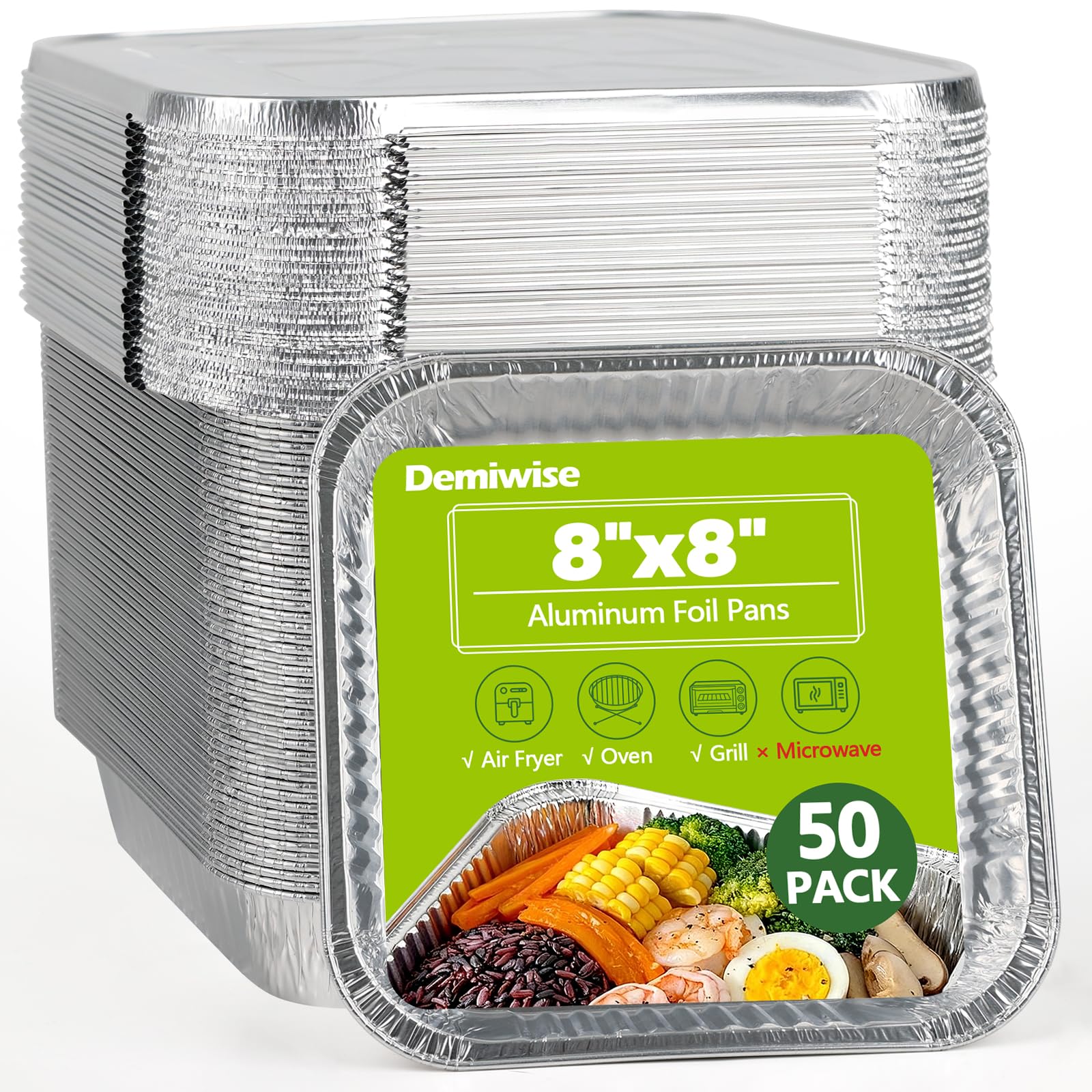 Thickened 50 Pack Heavy Duty Aluminum Pans with Lids, 8x8 Square Disposable Aluminum Baking Pans, Small Foil Pans with lids for Cooking, Meal Prep, Catering, Events, Carton Packaging