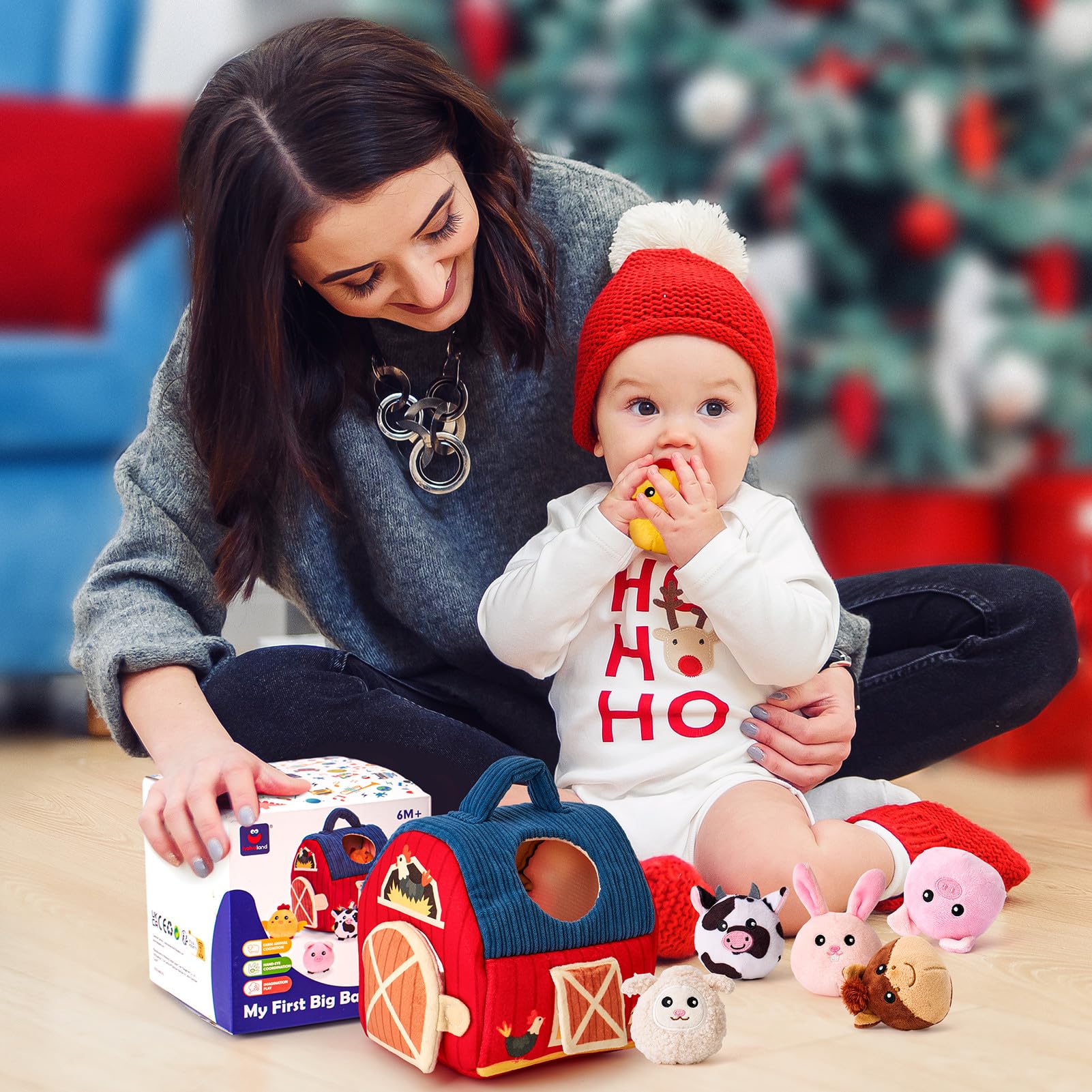 hahaland Giochi Bambino 1 Anno Montessori - Casa Morbida Montessori 6-12 Mesi Animali da Fattoria con Fienile/Sonaglio/Specchio, Gioco Bambino Sensoriale Regalo Bimbo Bimba 1 Anno