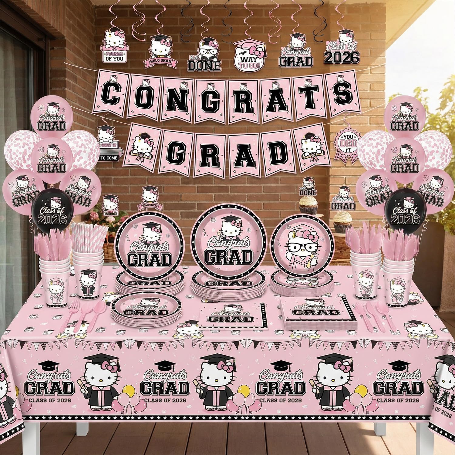 Pink Graduation Decorations, 249Pcs Graduation Party Tableware Supplies with Disposable Plates Napkins Cups Tablecloth and Congrats Grad Banner for Class of 2026 Party Decorations, Serves 24