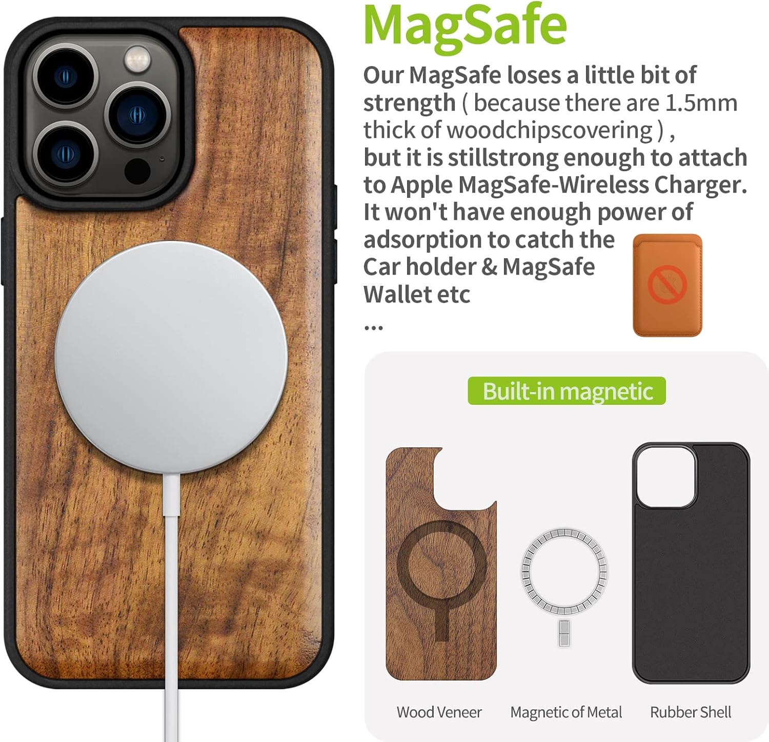 Carveit Magnetic Wood Case for iPhone 14 Pro Max [Natural Wood & Black Soft TPU] Unique & Classy Wooden Shockproof Protective Cover Compatible with magsafe (Walnut) - Image 5