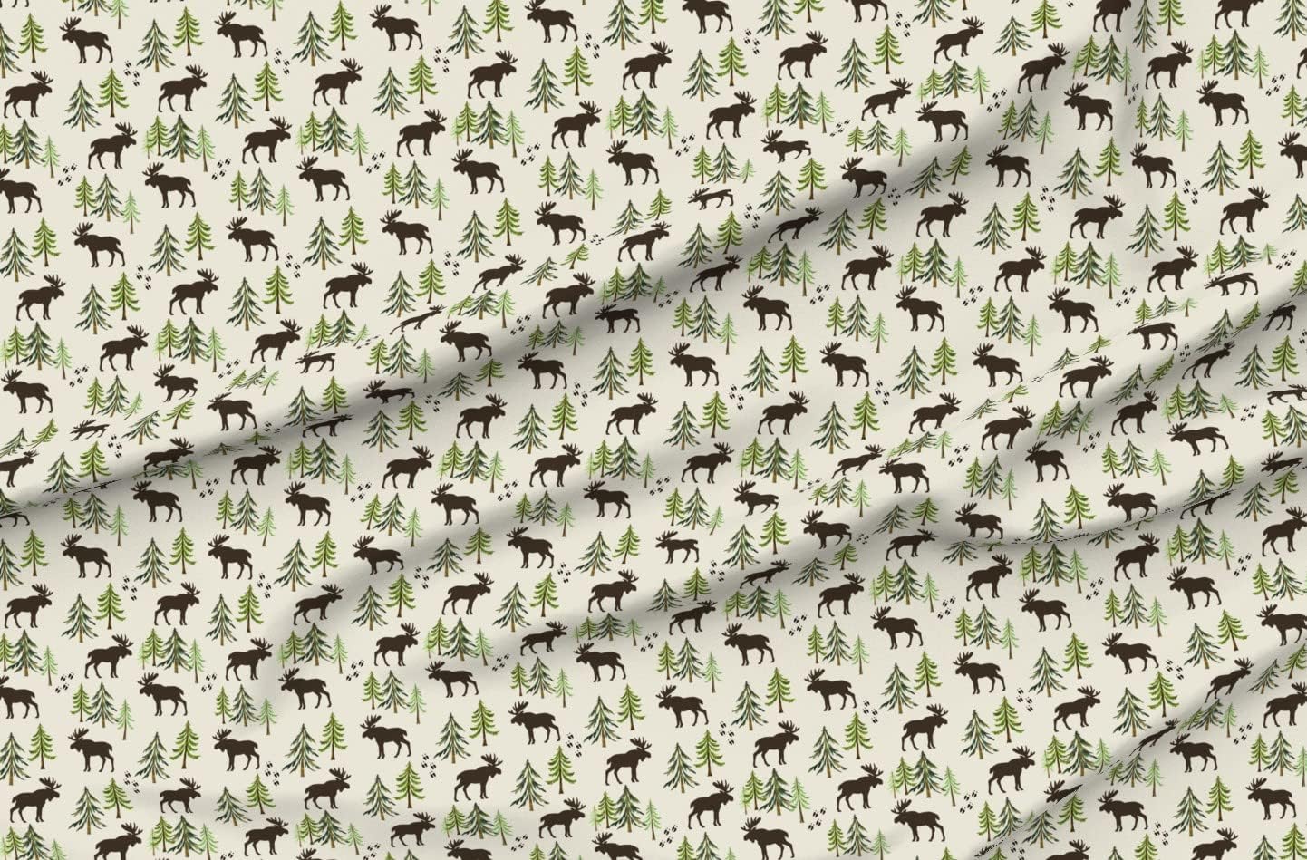 Spoonflower Fabric - Forest Moose Tracks Woodland Pine Trees Cream Nature Woods Printed on Organic Cotton Sateen Fabric by The Yard - Sewing Quilting Apparel Home Decor